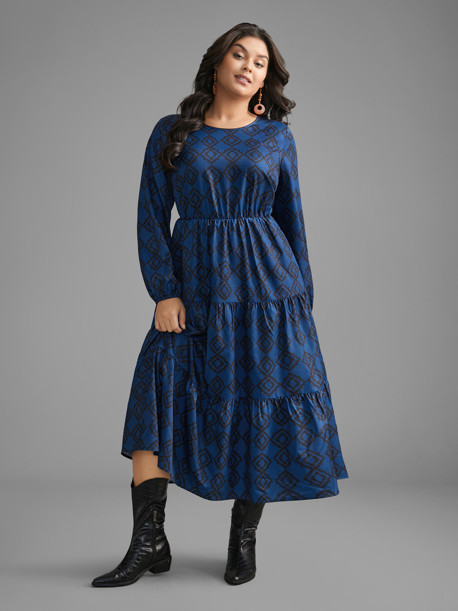 

Plus Size Bandana Geometric Ruffle Layered Hem Dress Indigo Women Resort Non Round Neck Long Sleeve Curvy BloomChic