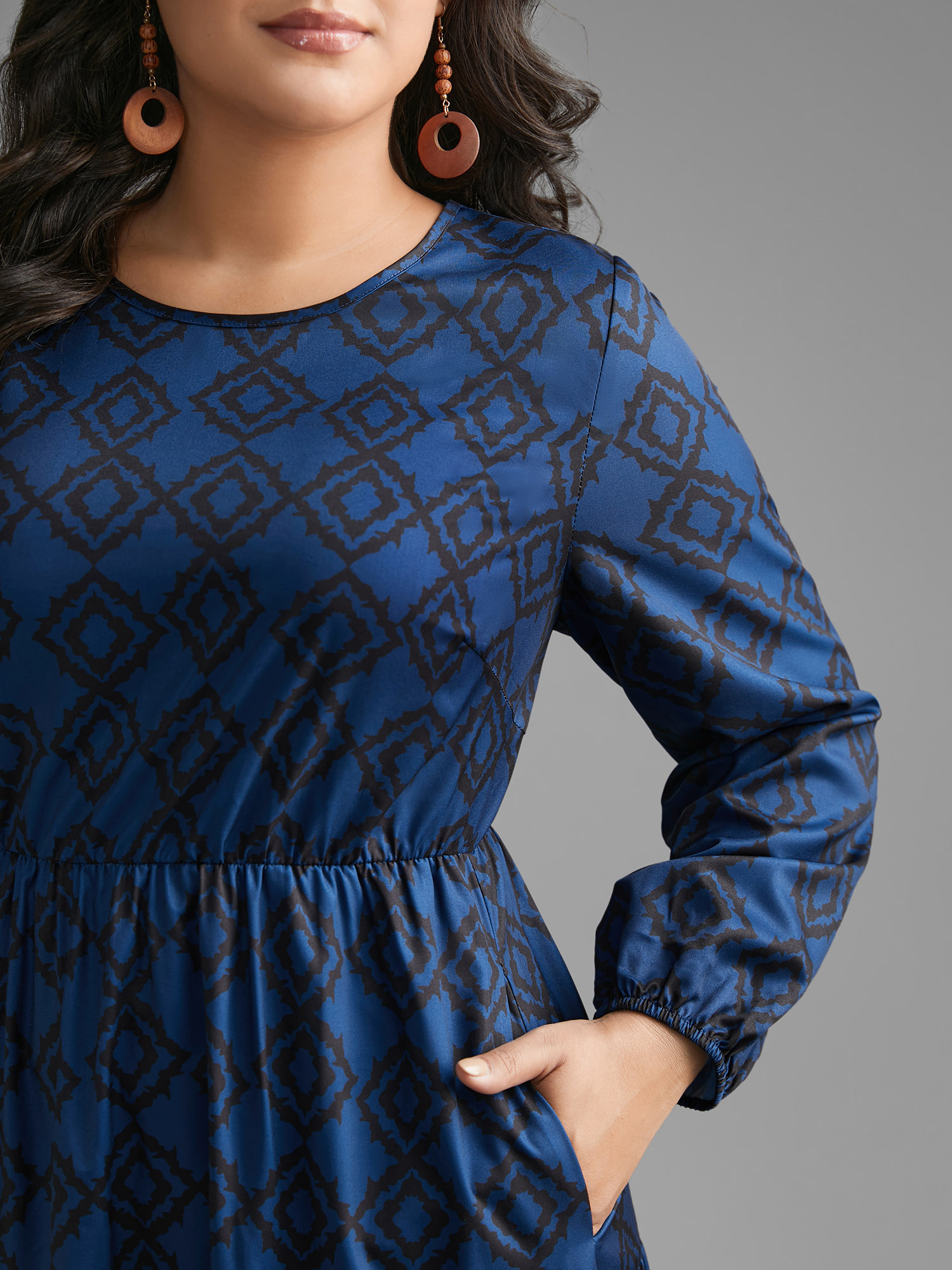 

Plus Size Bandana Geometric Ruffle Layered Hem Dress Indigo Women Resort Non Round Neck Long Sleeve Curvy BloomChic