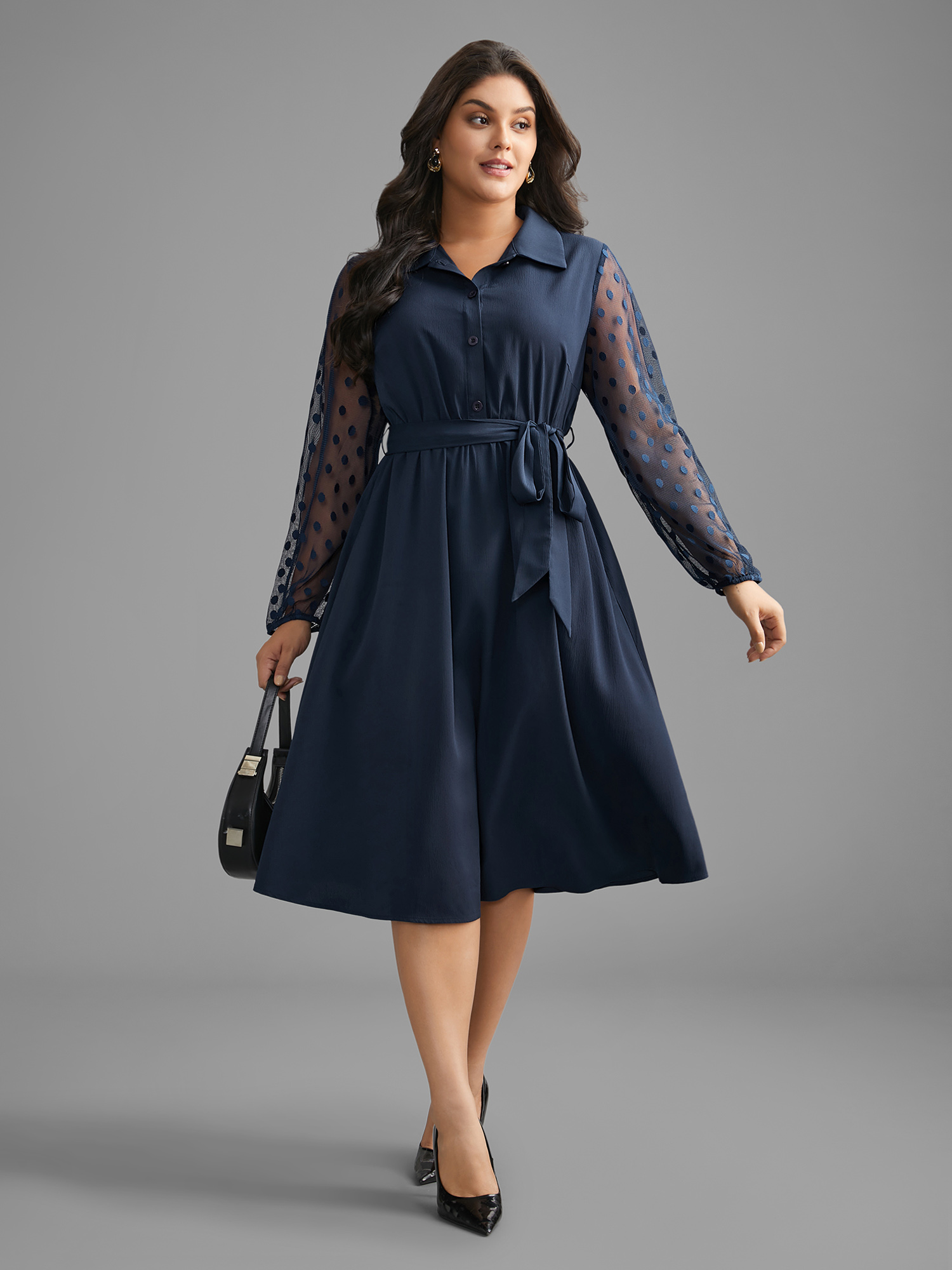 

Plus Size Shirt Collar Polka Dot Mesh Patchwork Dress Indigo Women At the Office See through Shirt collar Long Sleeve Curvy BloomChic