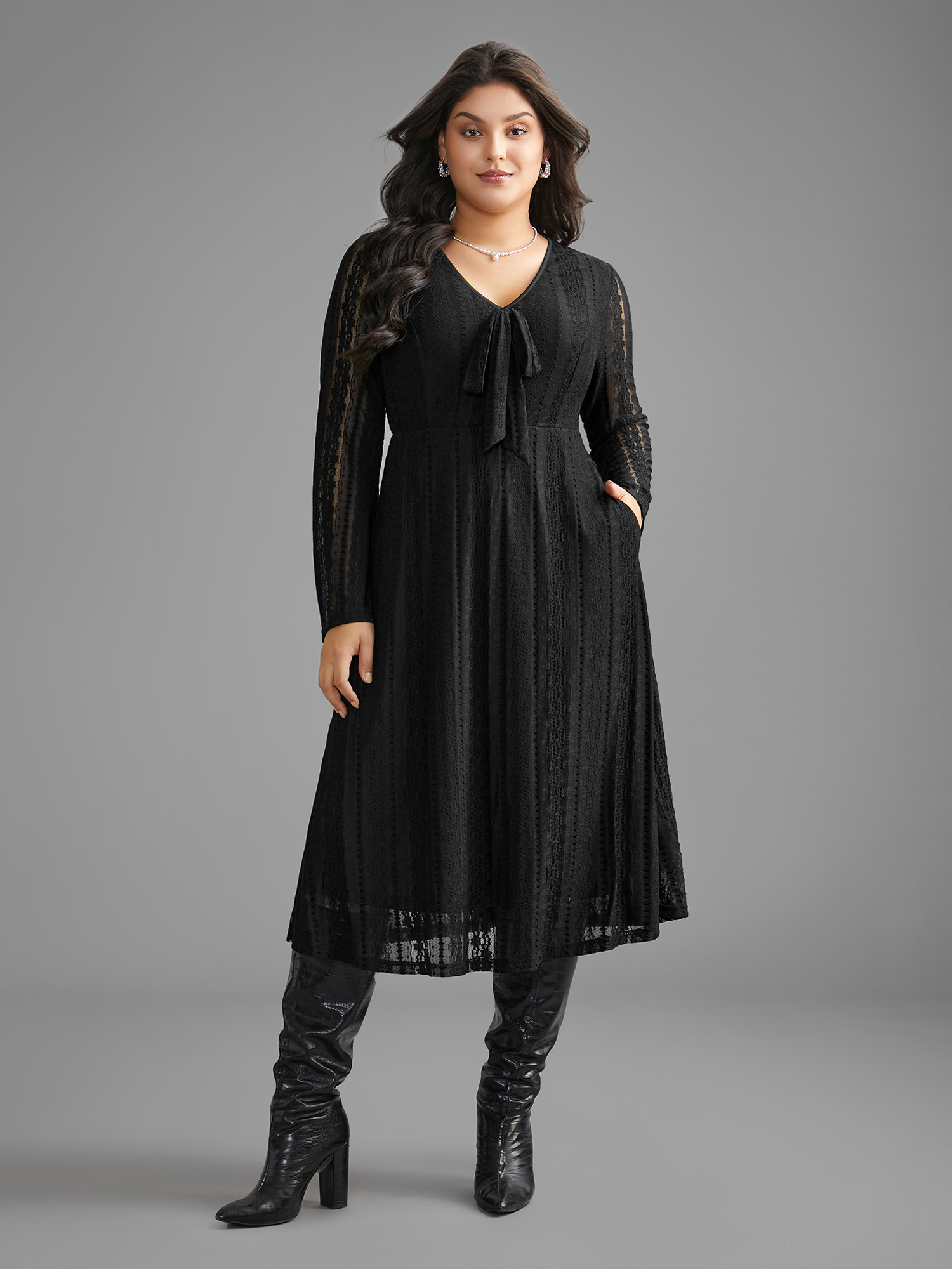 

Plus Size Textured Lace Panel Bell Sleeve Dress Black Women Elegant Woven ribbon&lace trim V-neck Long Sleeve Curvy BloomChic