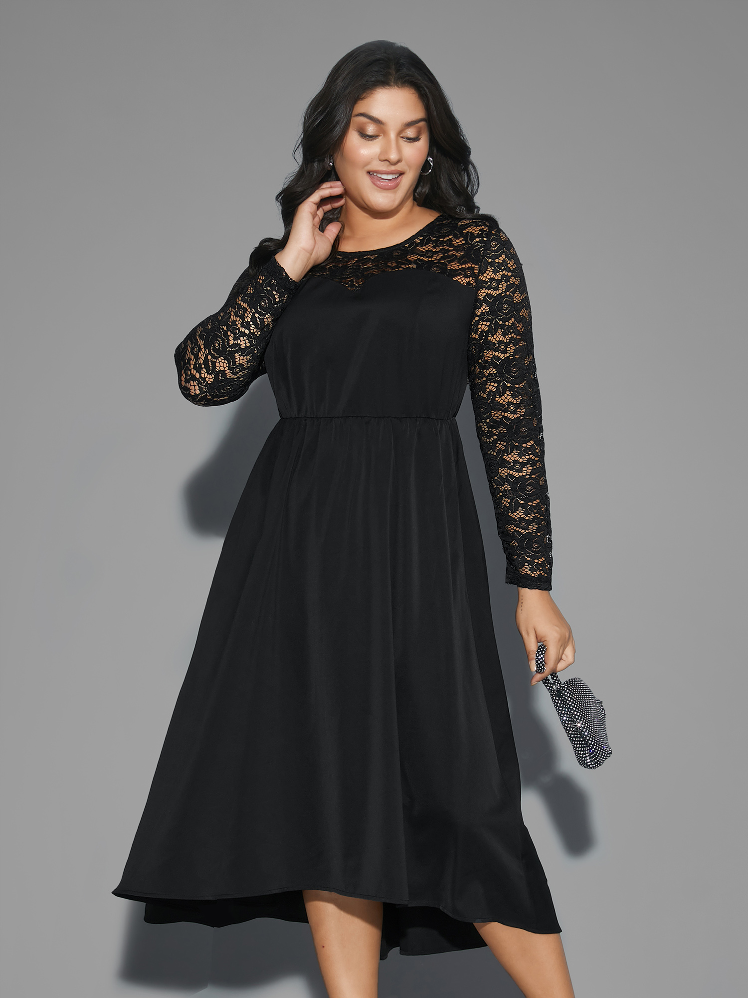 

Plus Size Lace Patchwork Elastic Waist Midi Dress Black Women Cocktail Woven ribbon&lace trim Round Neck Long Sleeve Curvy BloomChic