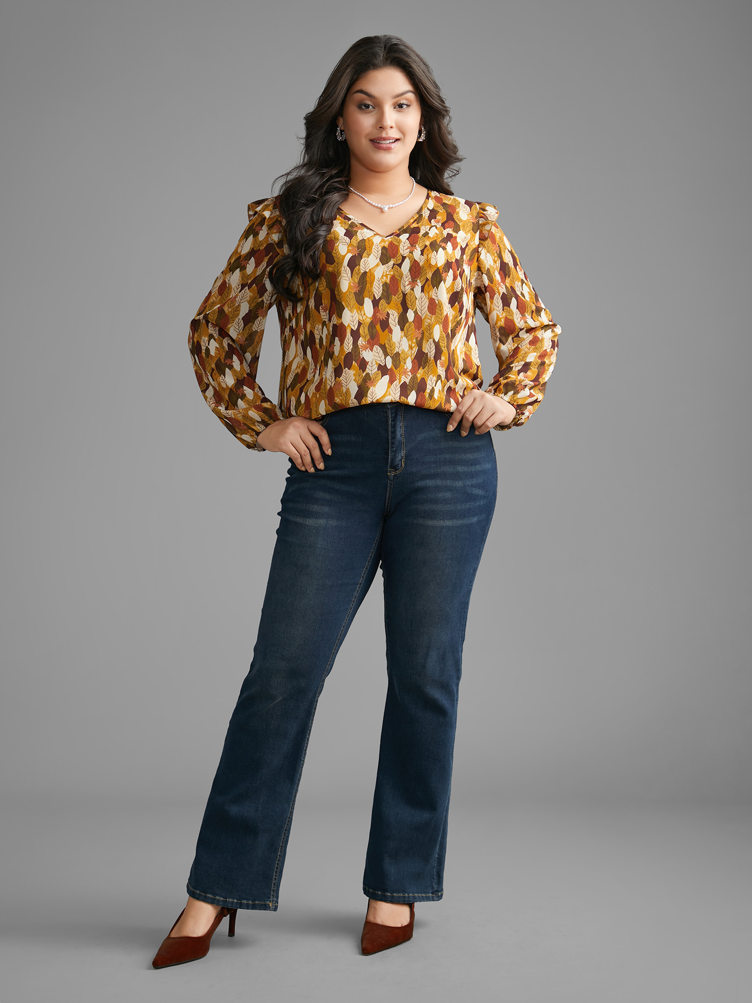 Plus Size Multicolor Leaves Print Ruffle Trim Slit Hem Blouse Women Elegant Long Sleeve V-neck Everyday Blouses BloomChic 30/6X 