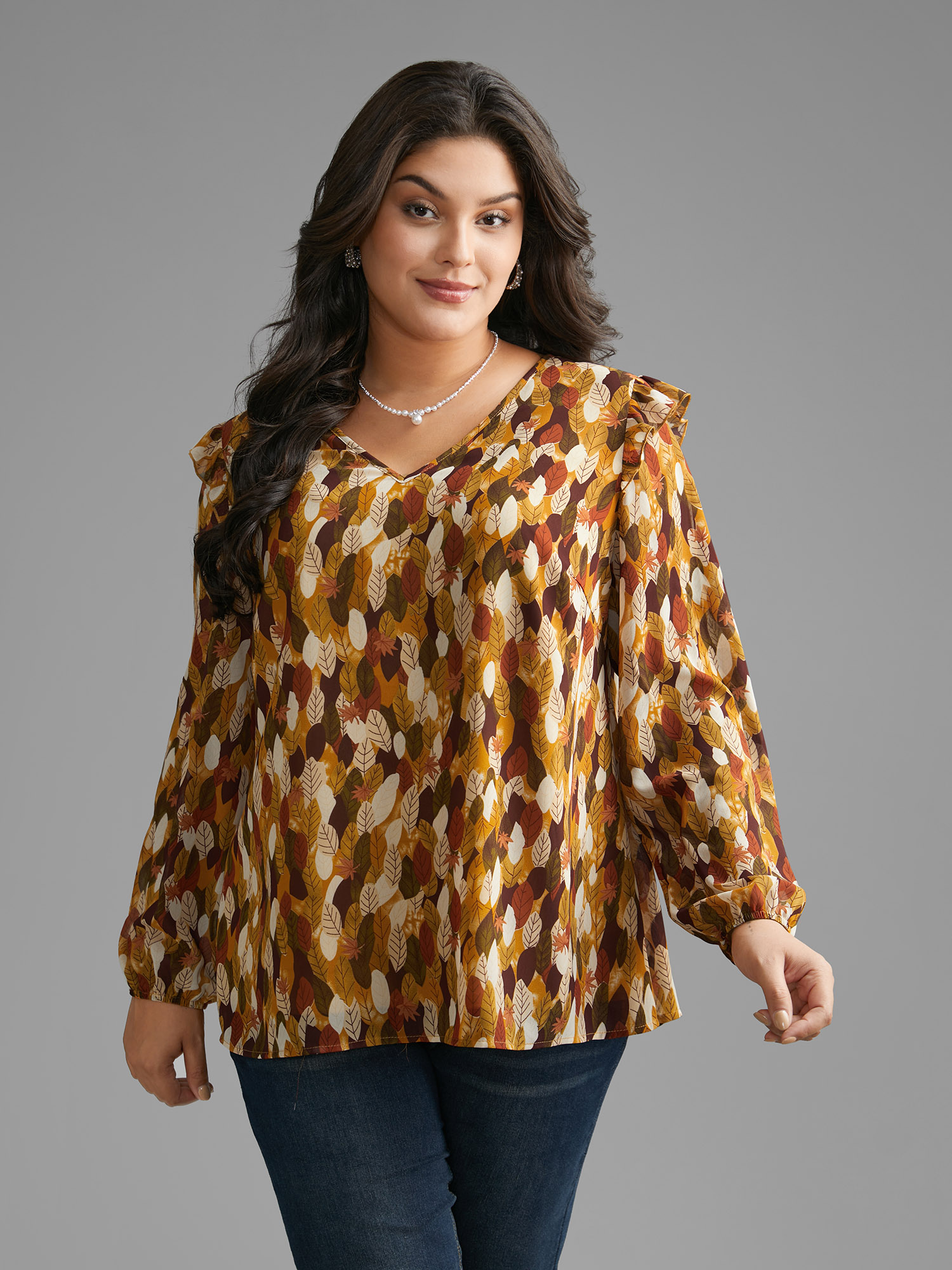 Plus Size Multicolor Leaves Print Ruffle Trim Slit Hem Blouse Women Elegant Long Sleeve V-neck Everyday Blouses BloomChic 30/6X 