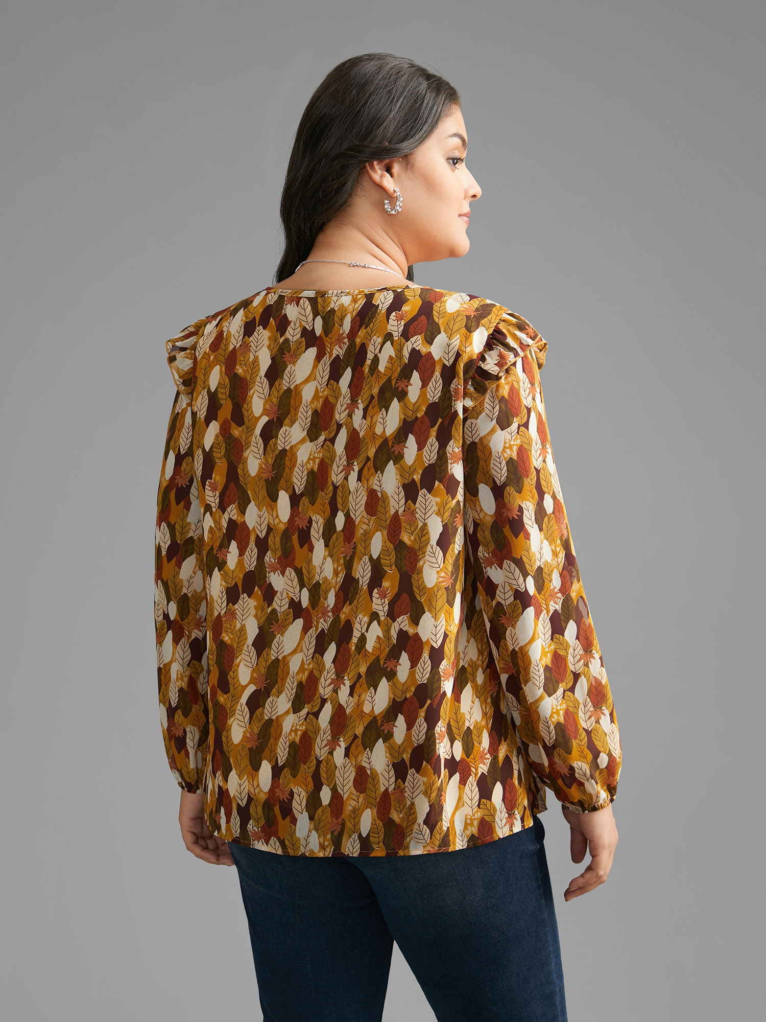 Plus Size Multicolor Leaves Print Ruffle Trim Slit Hem Blouse Women Elegant Long Sleeve V-neck Everyday Blouses BloomChic 30/6X 