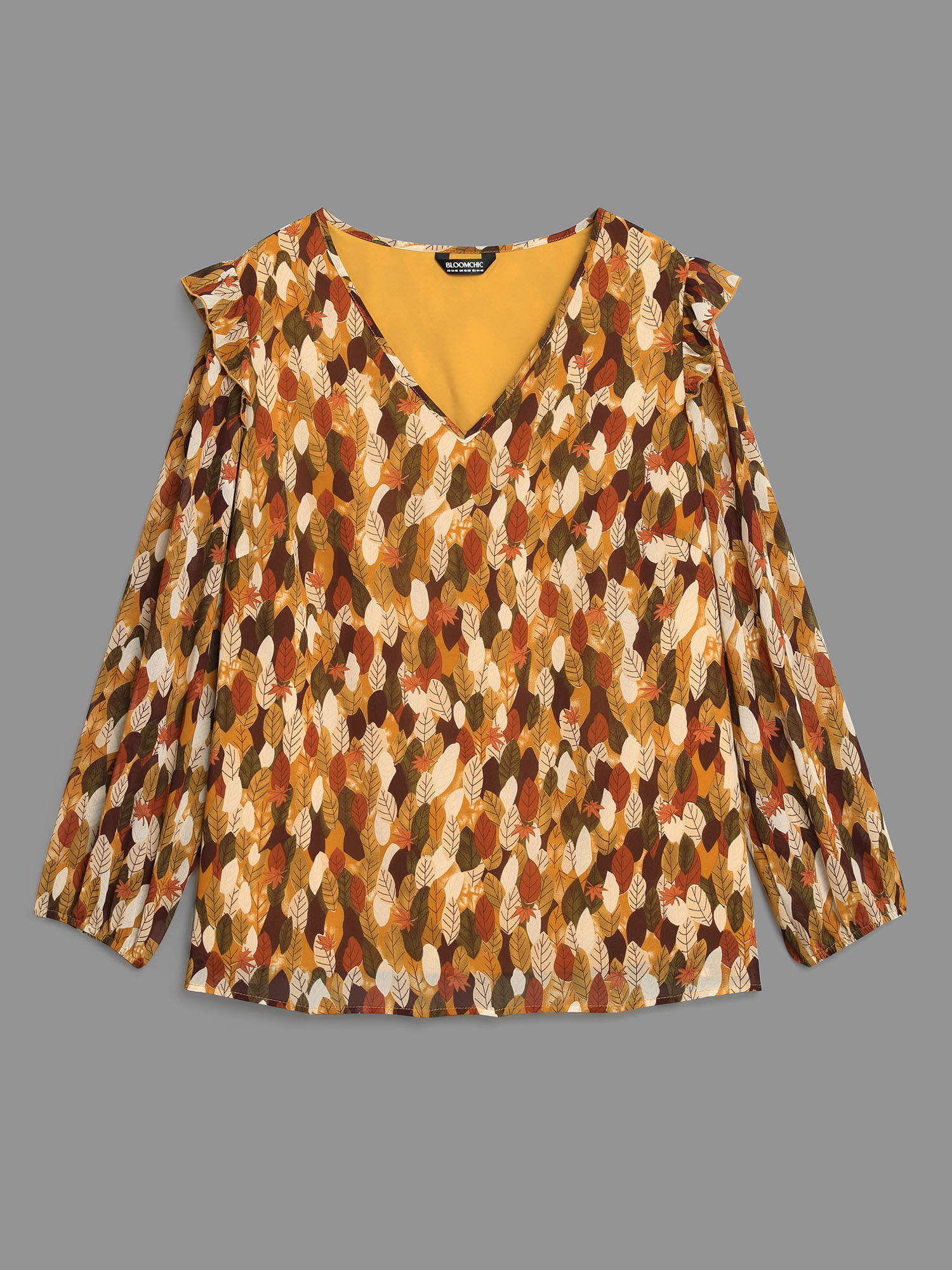 Plus Size Multicolor Leaves Print Ruffle Trim Slit Hem Blouse Women Elegant Long Sleeve V-neck Everyday Blouses BloomChic 30/6X 