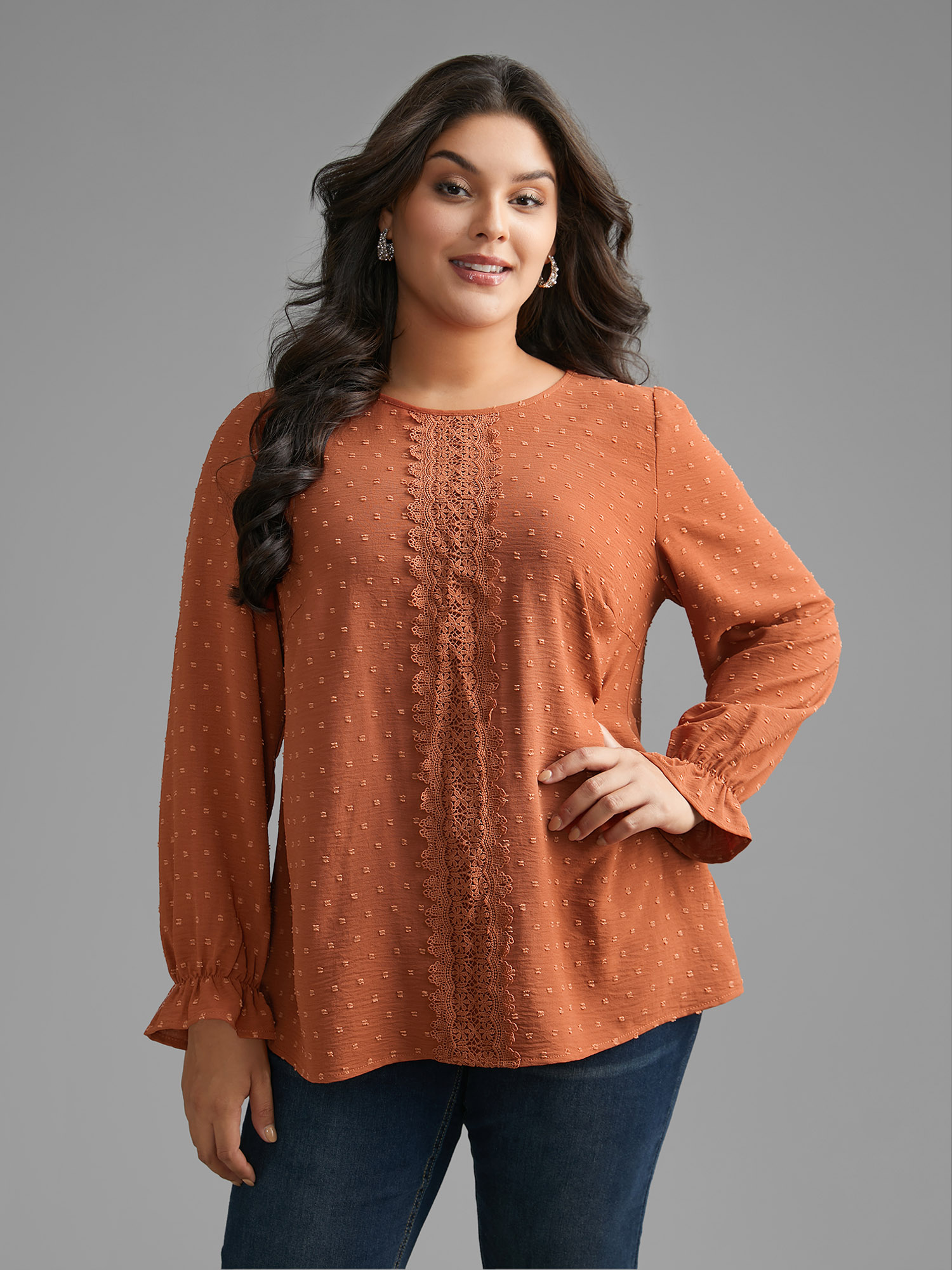 

Plus Size Rust Textured Lace Panel Lantern Sleeve Blouse Women Elegant Long Sleeve Round Neck Everyday Blouses BloomChic