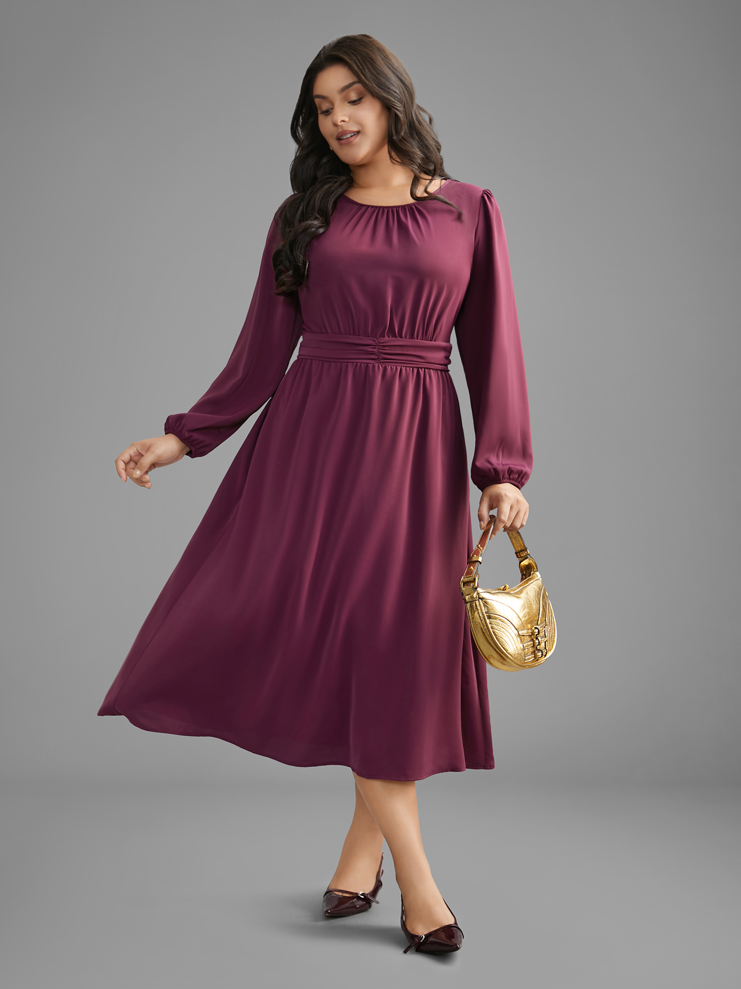 

Plus Size Solid Gathered Lantern Sleeve Midi Dress Plum Women At the Office Gathered Round Neck Long Sleeve Curvy BloomChic