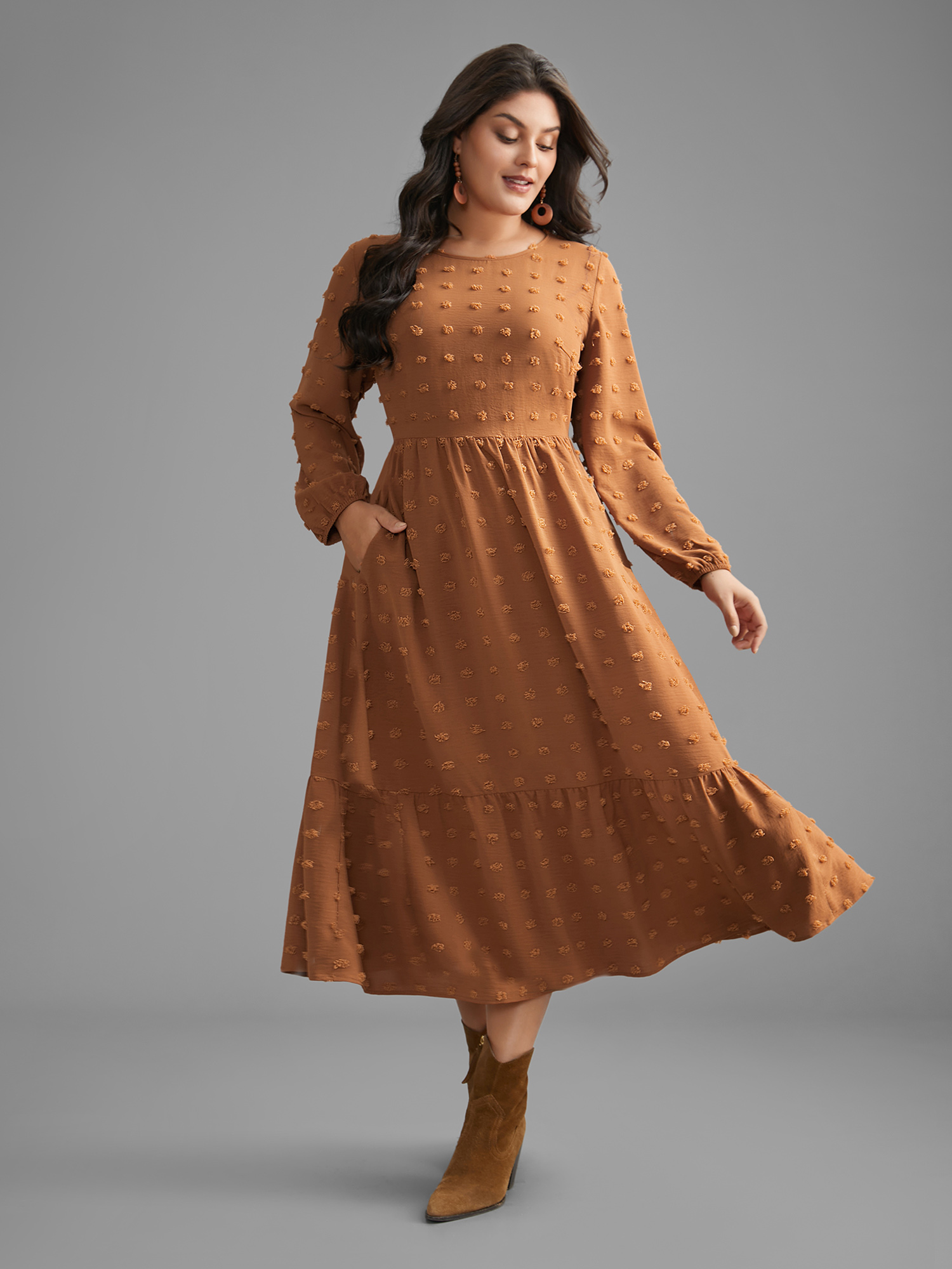 

Plus Size Plain Textured Crew Neck Midi Dress Yellowishbrown Women Resort Texture Round Neck Long Sleeve Curvy BloomChic