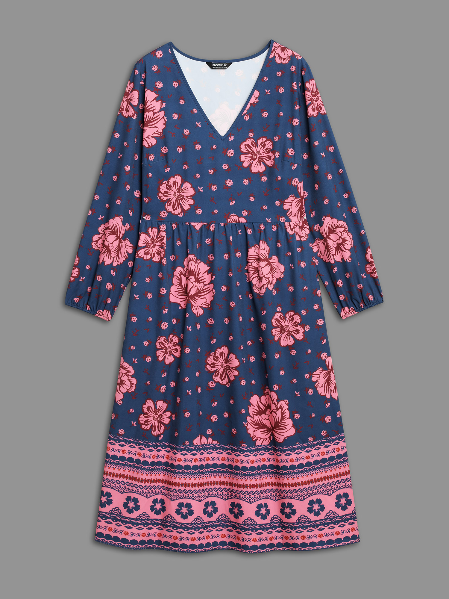 Plus Size Boho Print V Neck Elastic Waist Dress Midnight Women Resort Non V-neck Long Sleeve Curvy BloomChic 26/4X 
