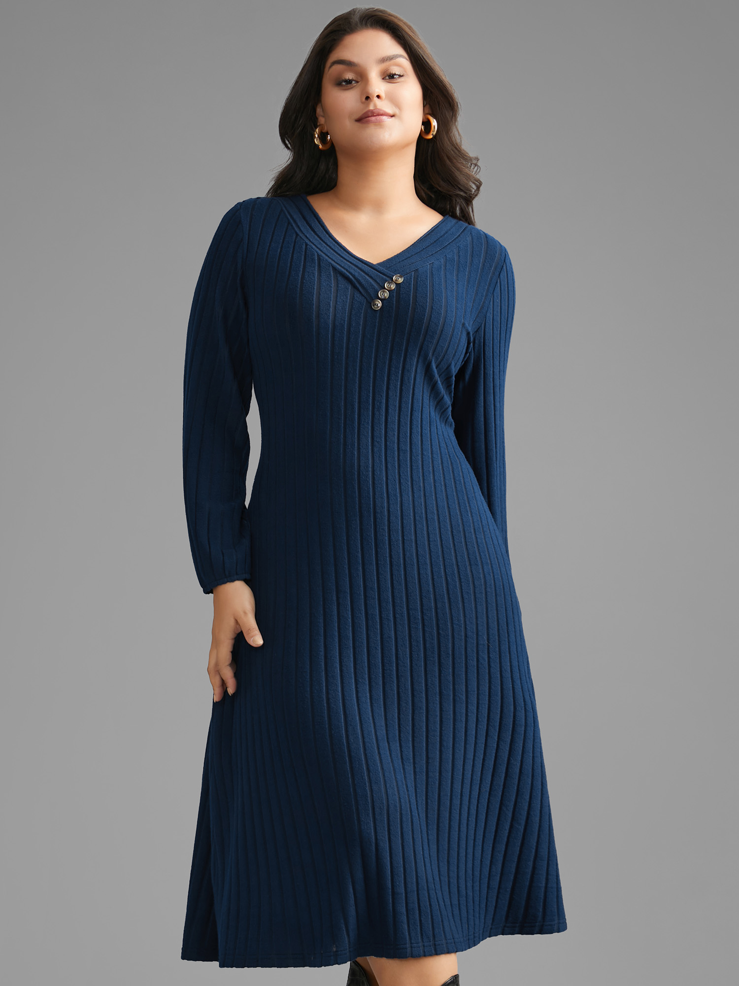 

Plus Size Plain Rib Knit Button Detail Dress DarkBlue Women Casual Texture Knit Dresses Bloomchic