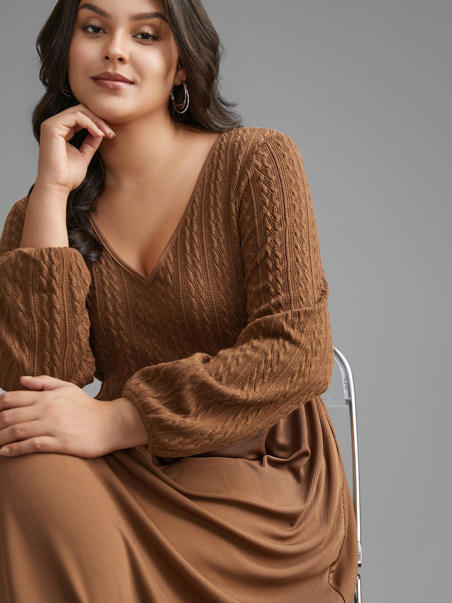 

Plus Size V Neck Textured Patchwork Knit Dress Browncoffeecolor Women Casual Texture Knit Dresses Bloomchic