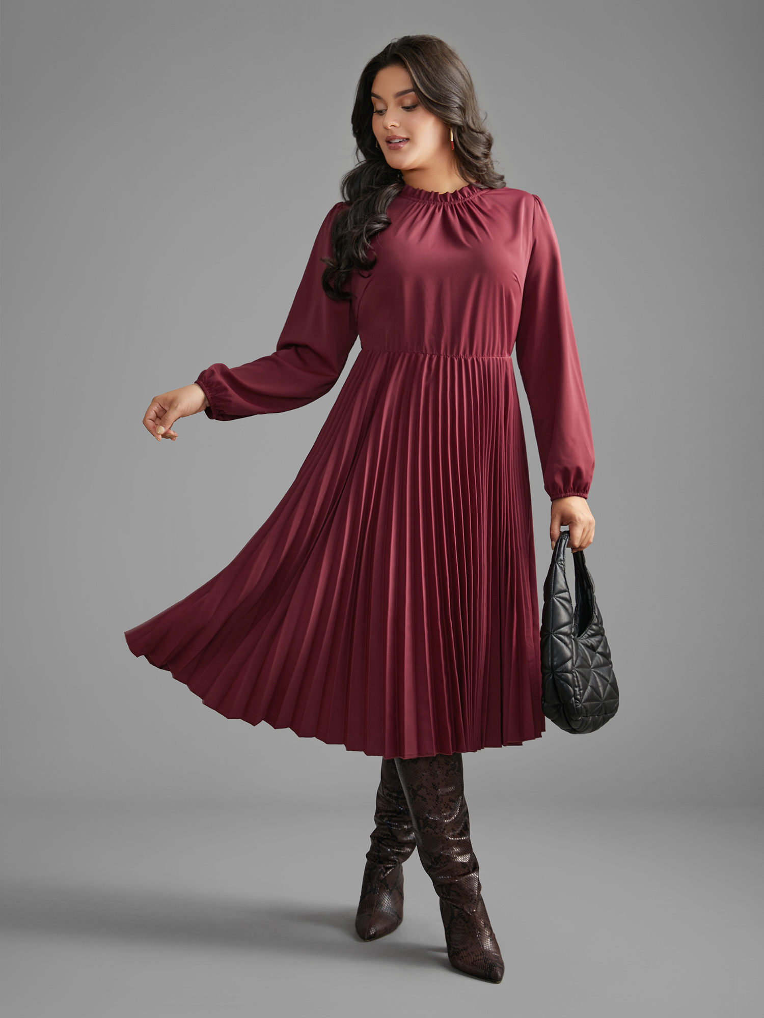 

Plus Size Mock Neck Frill Trim Pleated Dress Burgundy Women At the Office Gathered Mock Neck Long Sleeve Curvy BloomChic