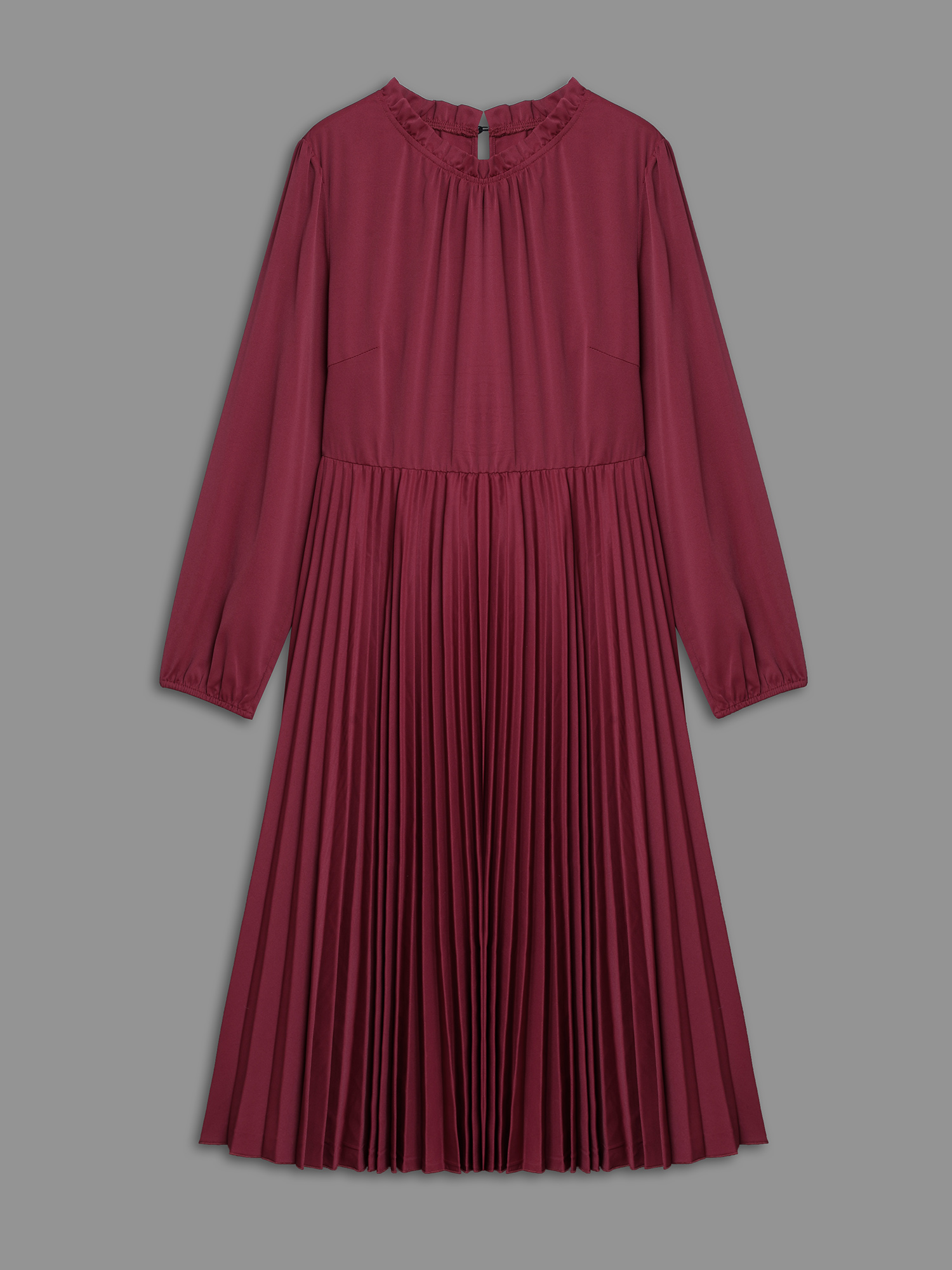 

Plus Size Mock Neck Frill Trim Pleated Dress Burgundy Women At the Office Gathered Mock Neck Long Sleeve Curvy BloomChic