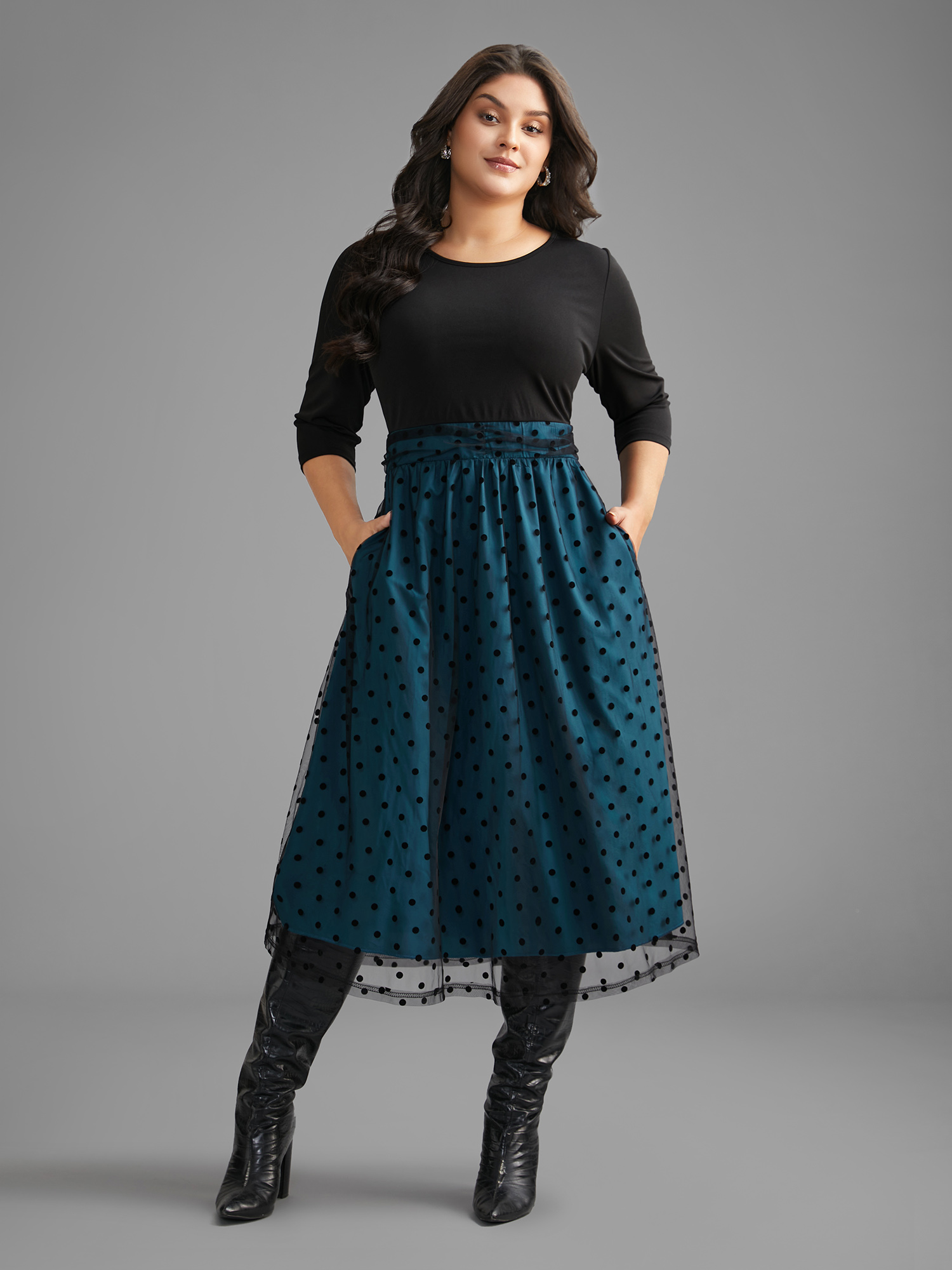 

Plus Size Polka Dot Flocking Mesh Patchwork Dress Teal Women Elegant Gathered Round Neck Elbow-length sleeve Curvy BloomChic