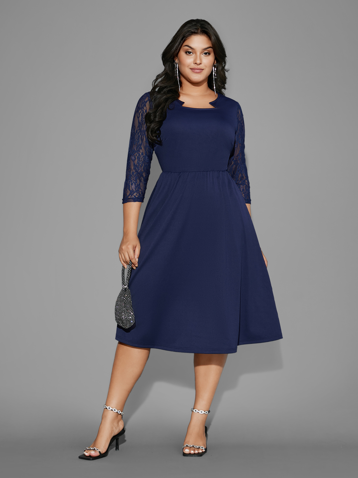 

Plus Size Asymmetrical Neck Lace Patchwork Mesh Dress Navy Women Cocktail Woven ribbon&lace trim Party Curvy Bloomchic