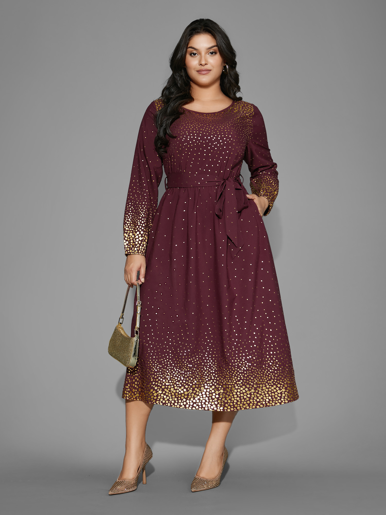 

Plus Size Glitter Round Neck Belted Lantern Sleeve Dress Plum Women Cocktail Texture Party Curvy Bloomchic