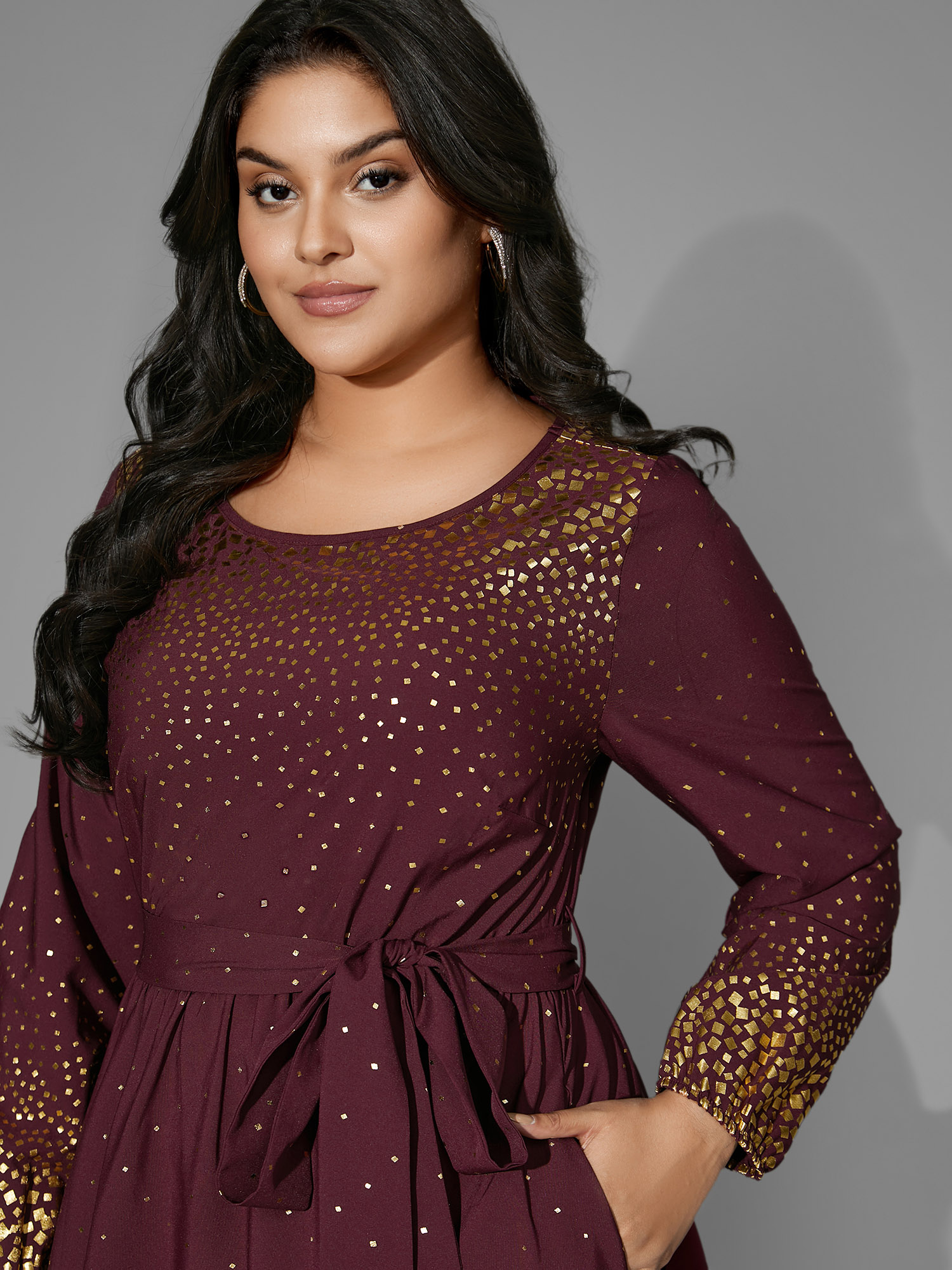 

Plus Size Glitter Round Neck Belted Lantern Sleeve Dress Plum Women Cocktail Texture Party Curvy Bloomchic