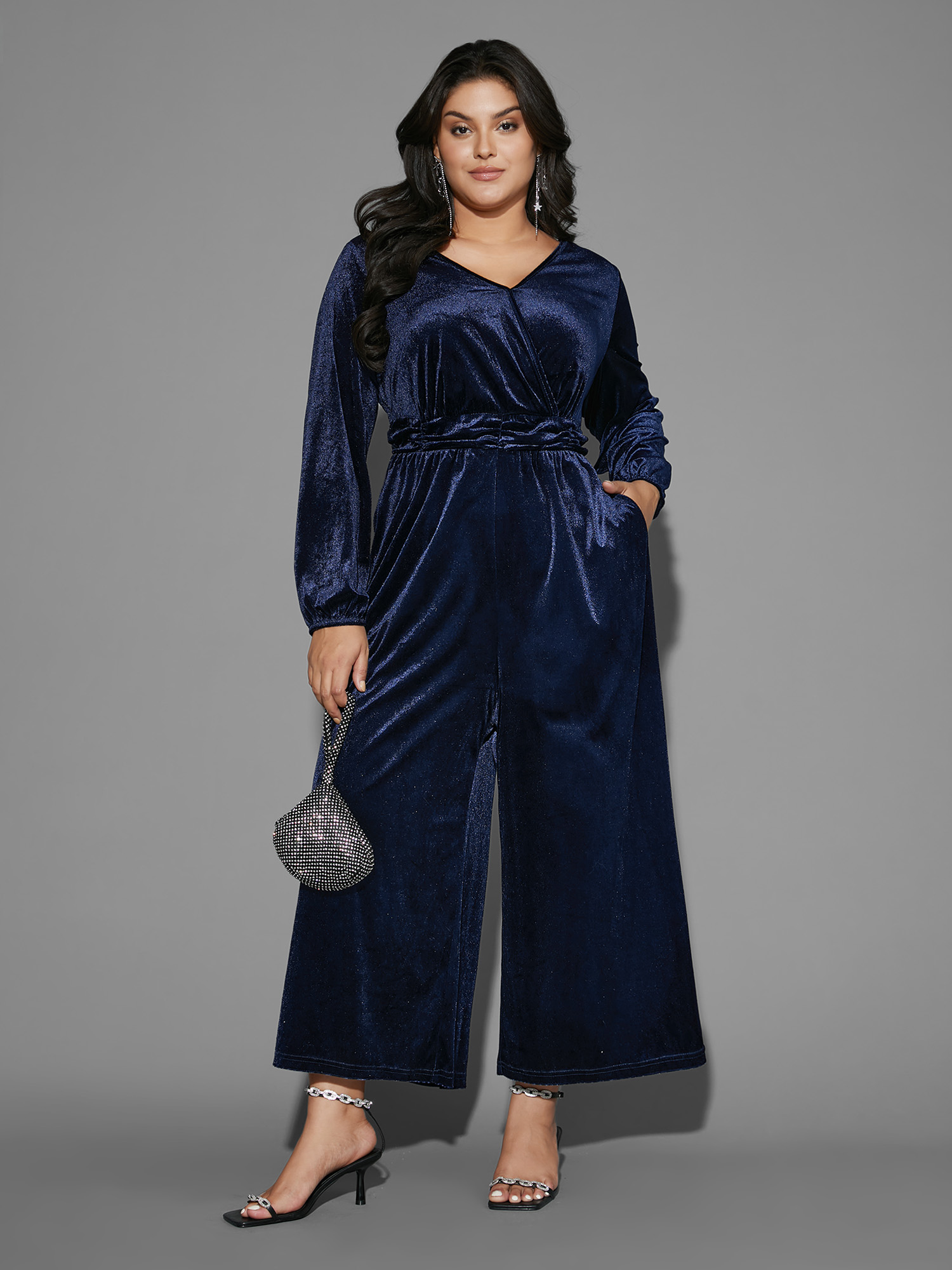 

Plus Size Navy Plain Velvet Overlap Collar Jumpsuit Women Cocktail Long Sleeve Overlap Collar Party Loose Jumpsuits BloomChic