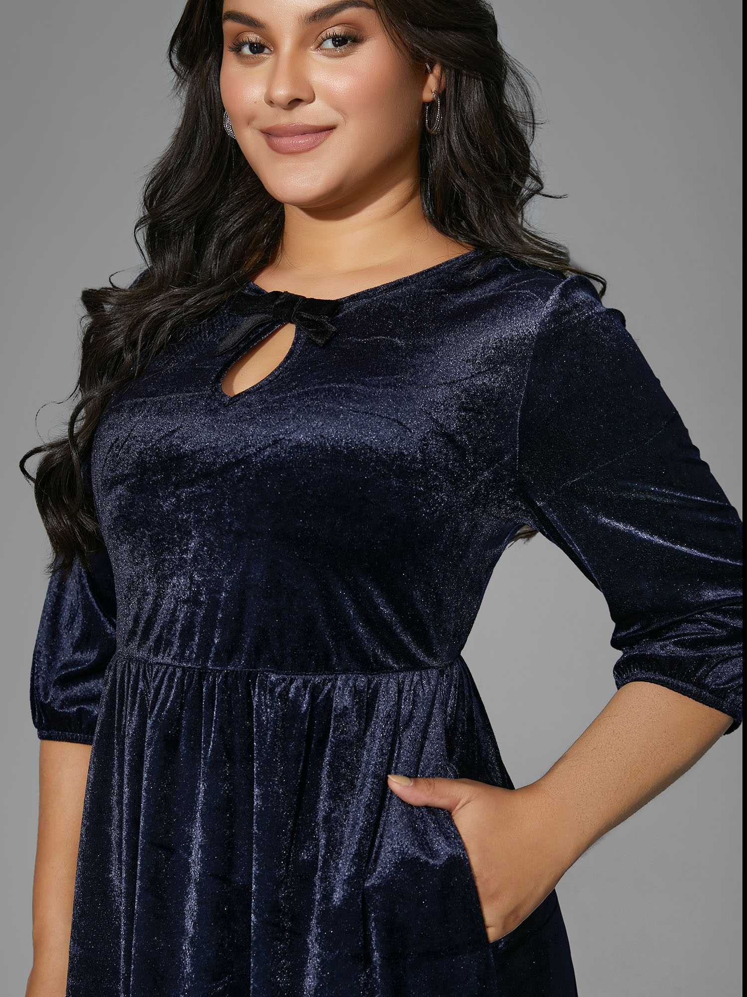 

Plus Size Velvet Keyhole Bowknot Midi Dress DarkBlue Women Cocktail Texture Party Curvy Bloomchic