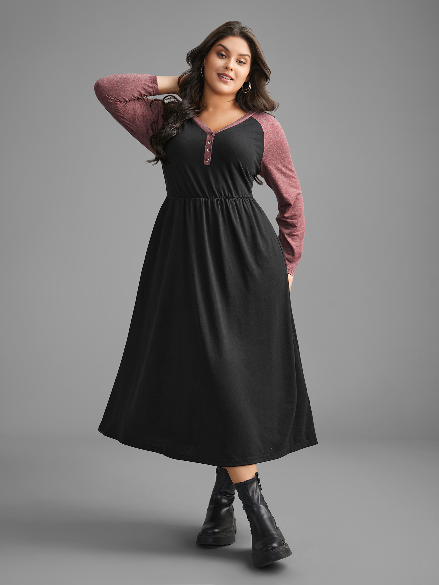 

Plus Size V Neck Heather Patchwork Knit Dress Black Women Casual Contrast Knit Dresses Bloomchic