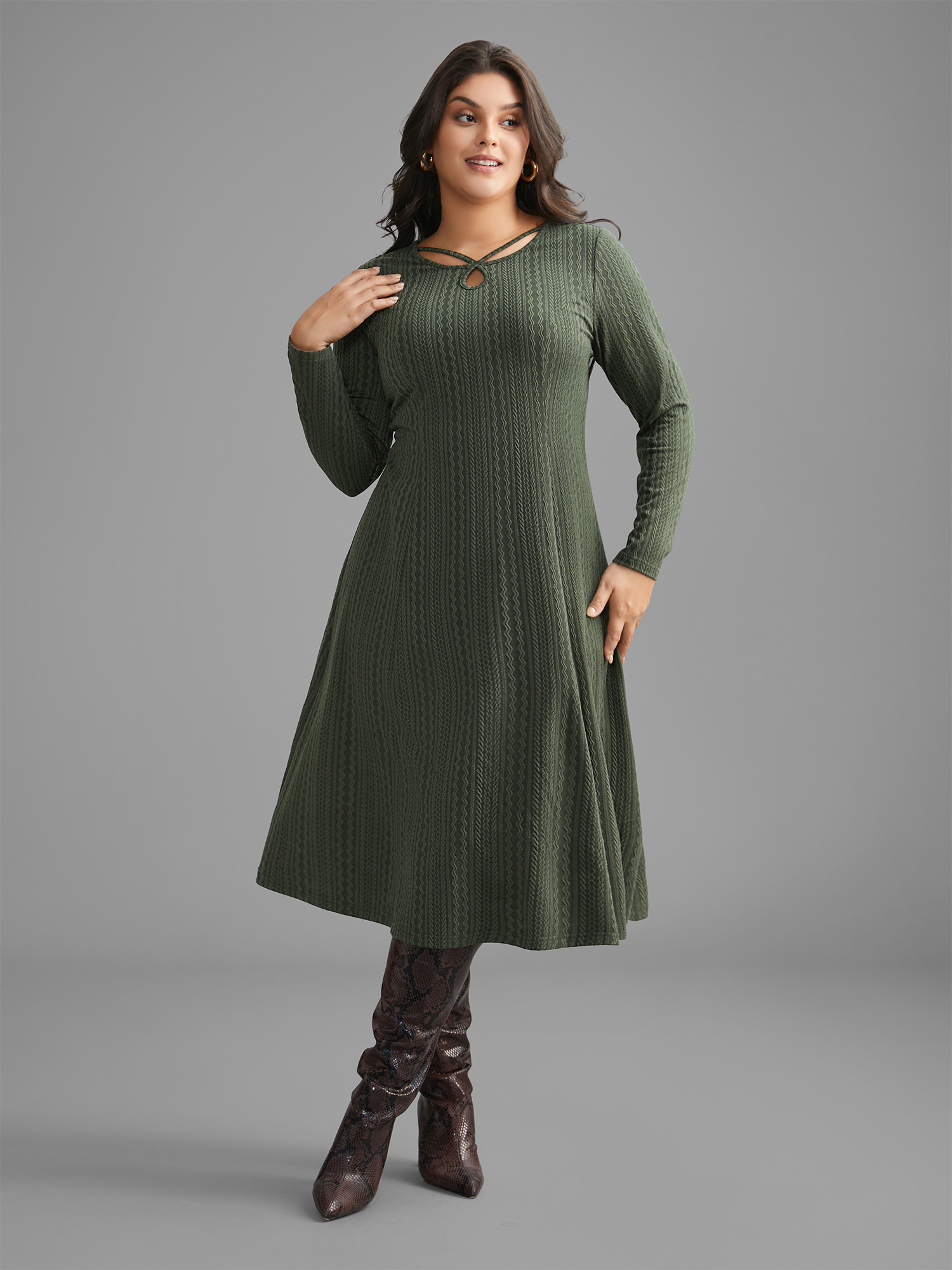 

Plus Size Plain Textured Keyhole Knit Dress ArmyGreen Women Casual Texture Knit Dresses Bloomchic