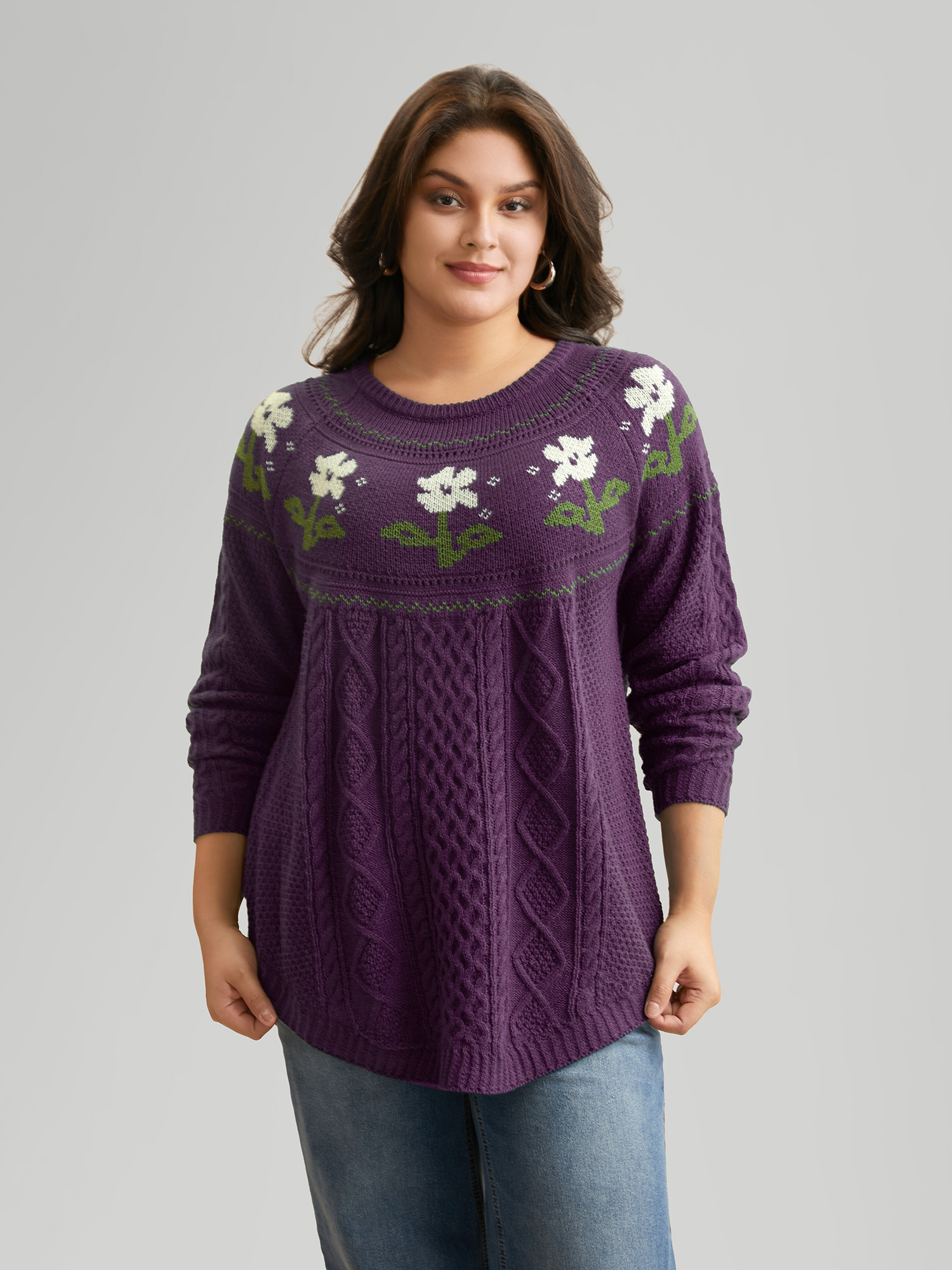 

Plus Size Floral Jacquard Raglan Sleeve Pullover Deeppurple Women Casual Long Sleeve Round Neck Everyday Pullovers BloomChic