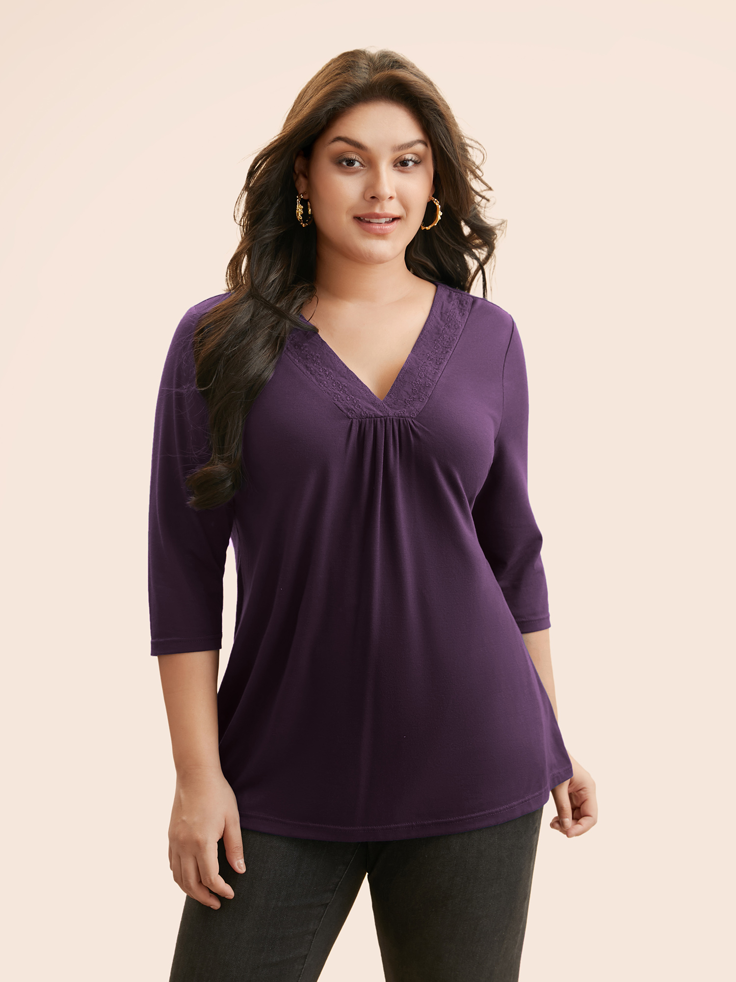 

Plus Size V Neck Embroidered Patchwork Gathered T-shirt Eggplant V-neck Elbow-length sleeve Elegant Jersey Tops