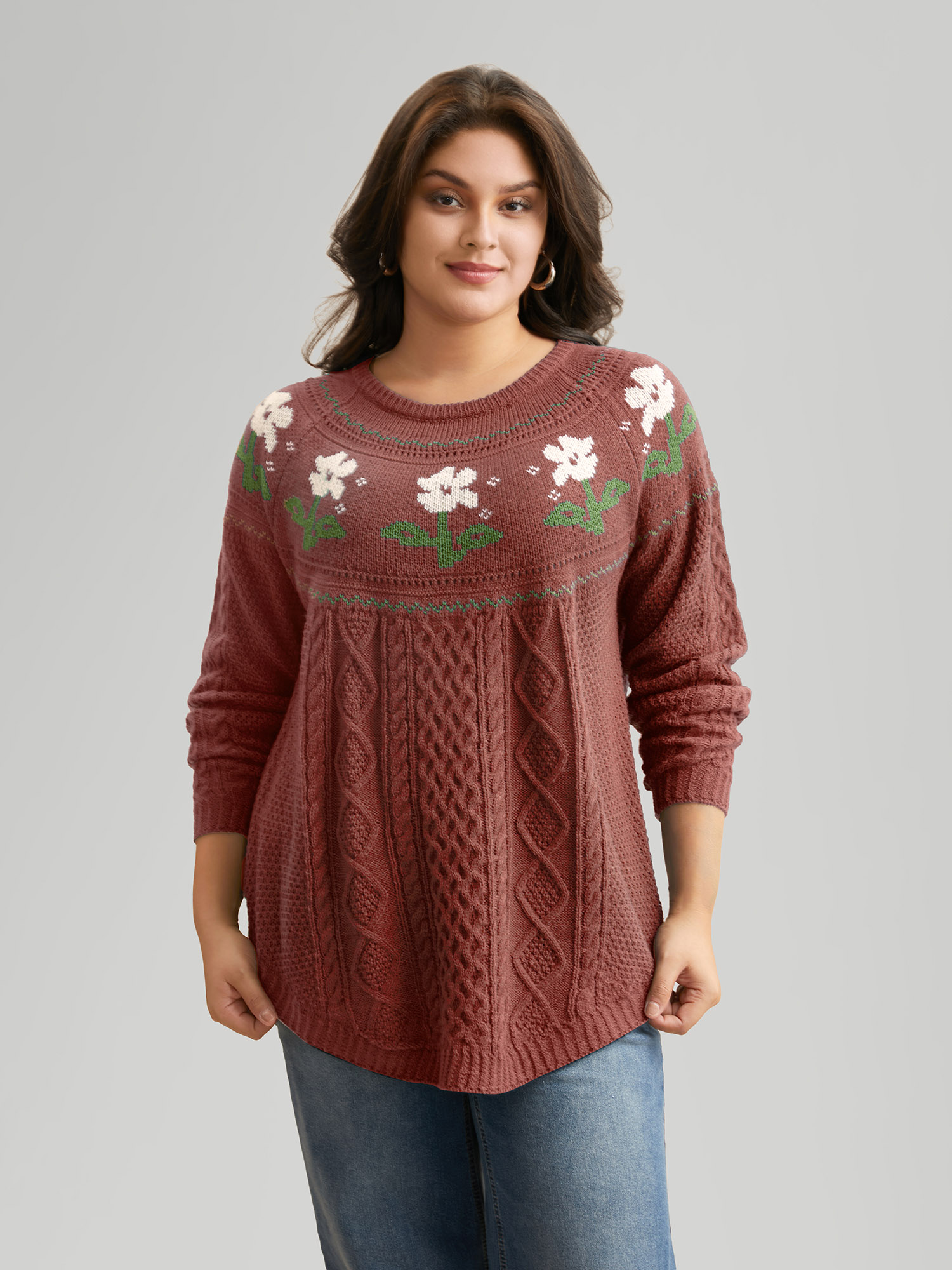 

Plus Size Floral Jacquard Raglan Sleeve Pullover Russet Women Casual Long Sleeve Round Neck Everyday Pullovers BloomChic