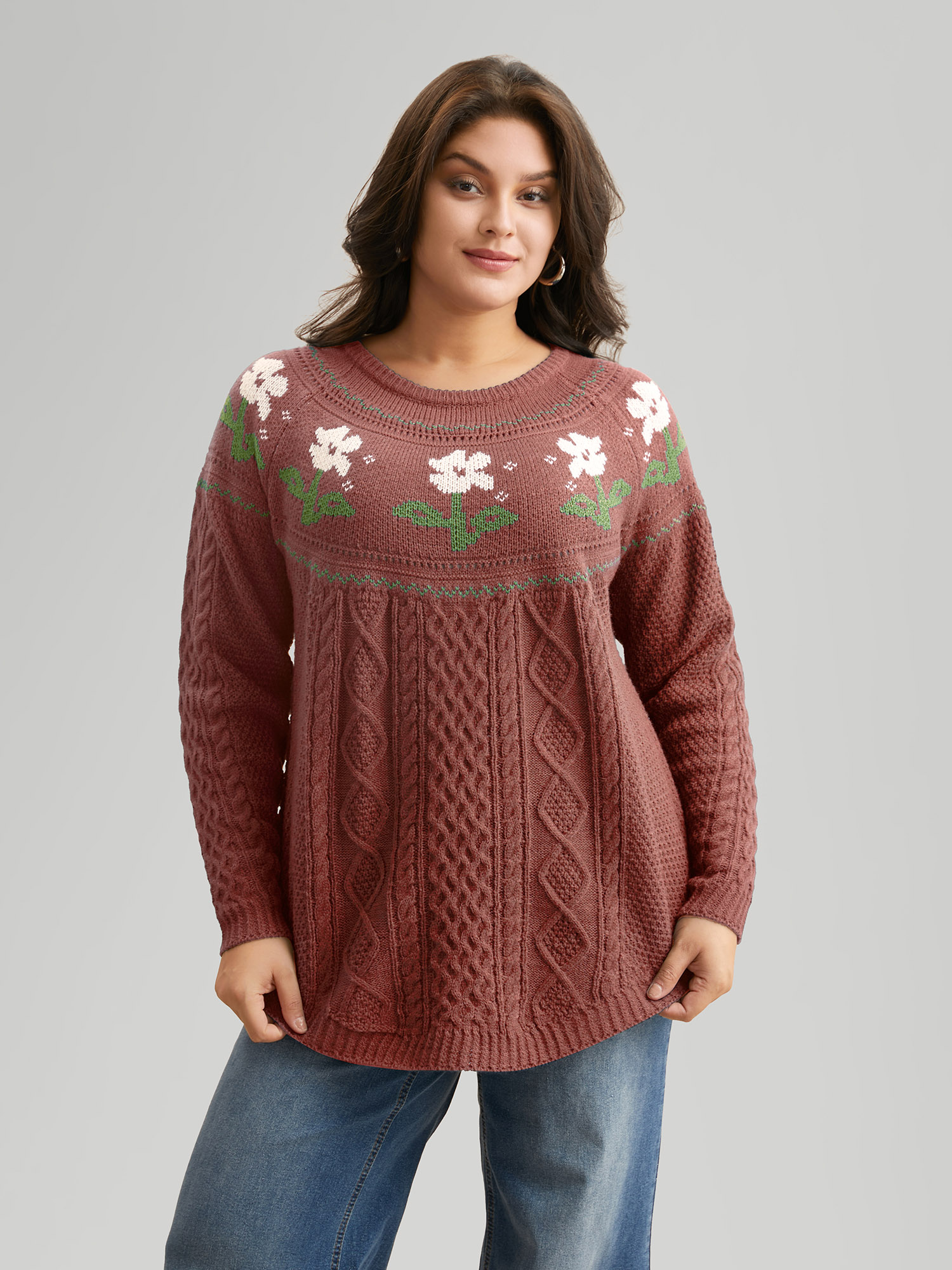 

Plus Size Floral Jacquard Raglan Sleeve Pullover Russet Women Casual Long Sleeve Round Neck Everyday Pullovers BloomChic