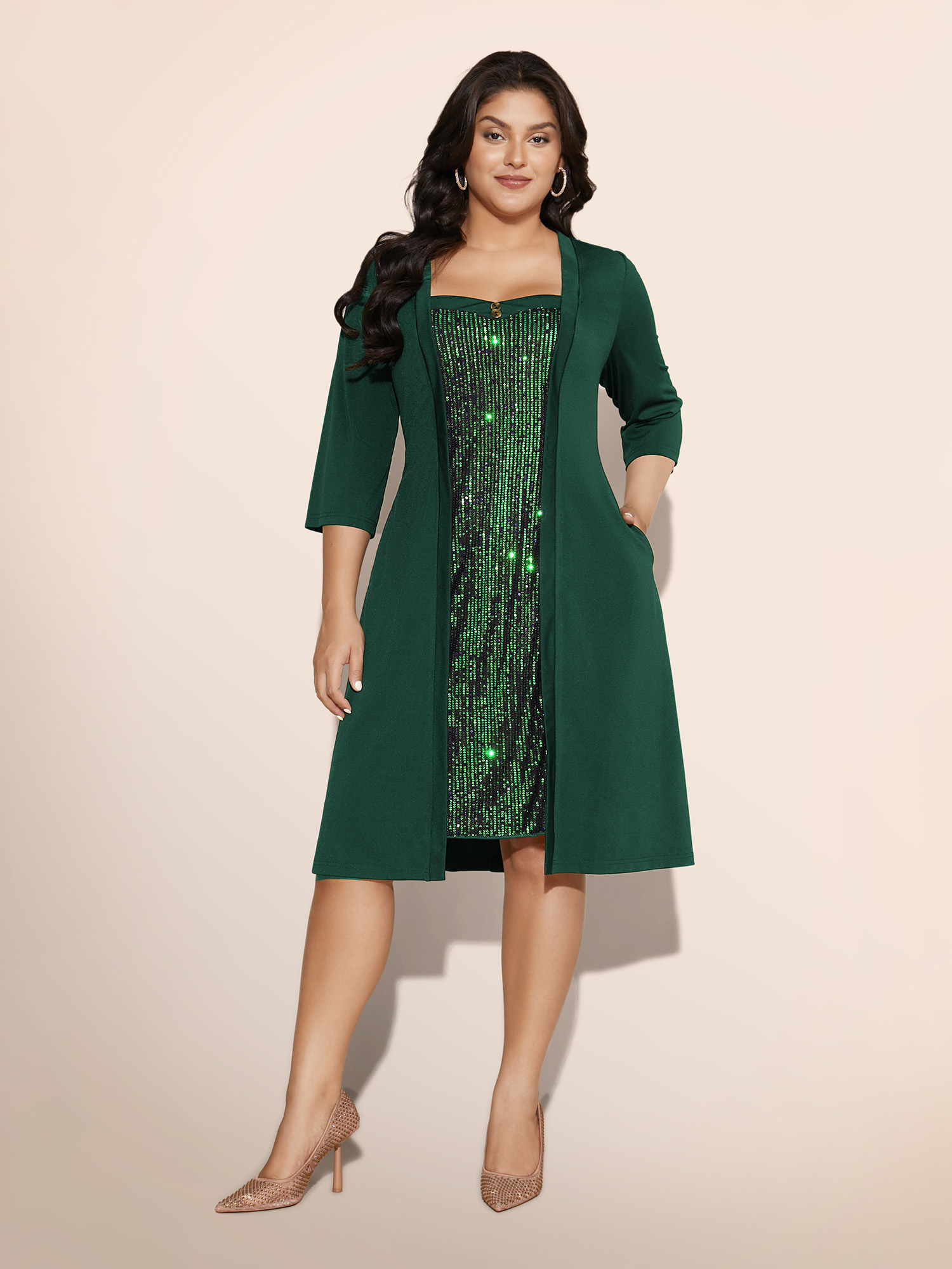 Side view of BloomChic Women's Plus Size Heart Neckline Patchwork Sequin Button Detail Dress DarkGreen Party Colorblock Sweetheart Neck 26/4X