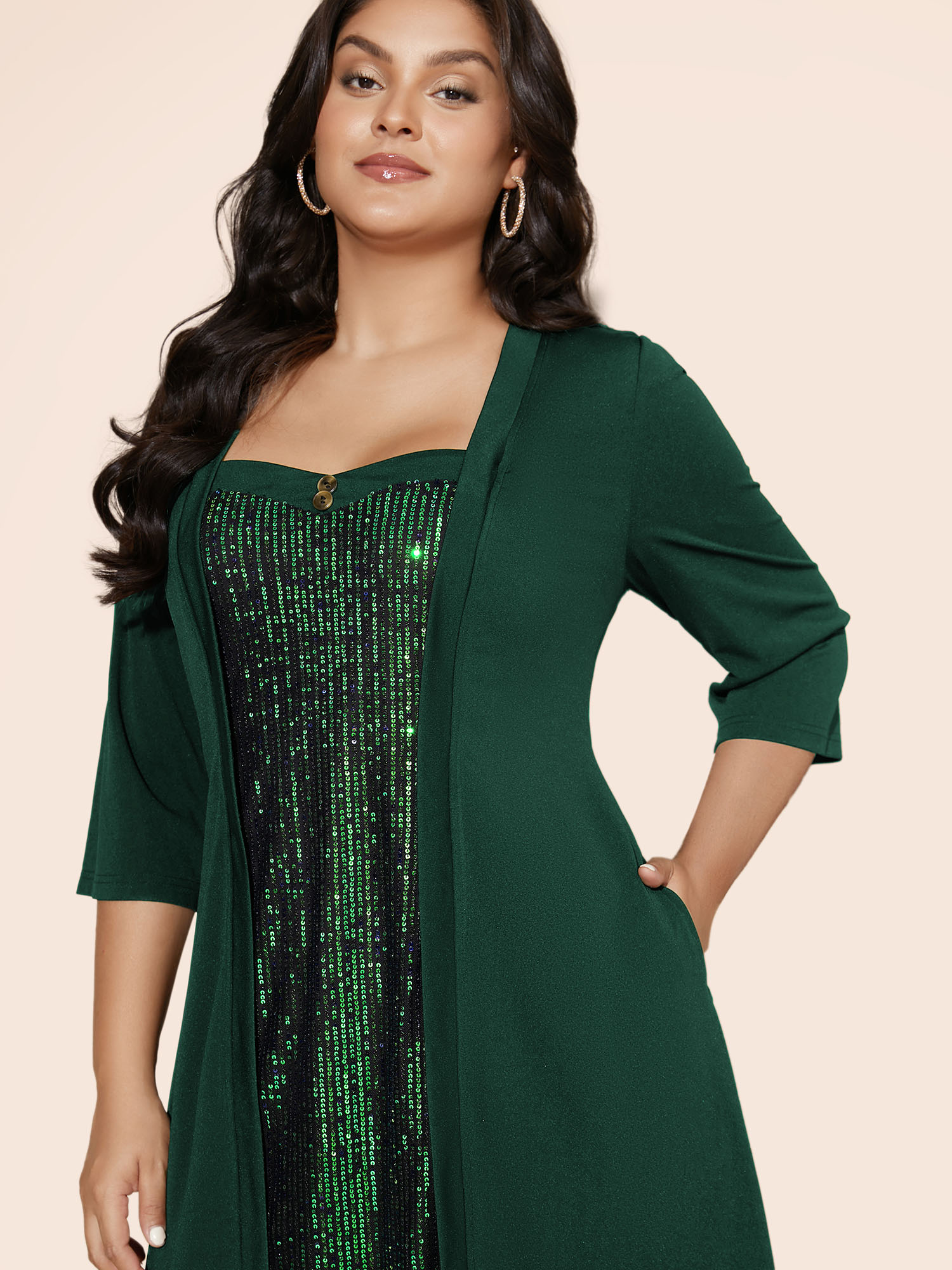 Side view of BloomChic Women's Plus Size Heart Neckline Patchwork Sequin Button Detail Dress DarkGreen Party Colorblock Sweetheart Neck 26/4X