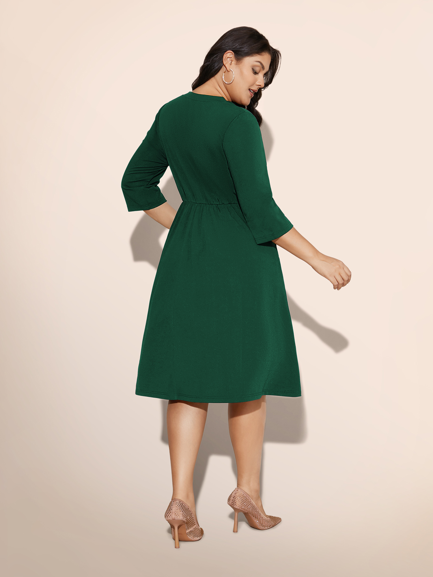 Side view of BloomChic Women's Plus Size Heart Neckline Patchwork Sequin Button Detail Dress DarkGreen Party Colorblock Sweetheart Neck 26/4X