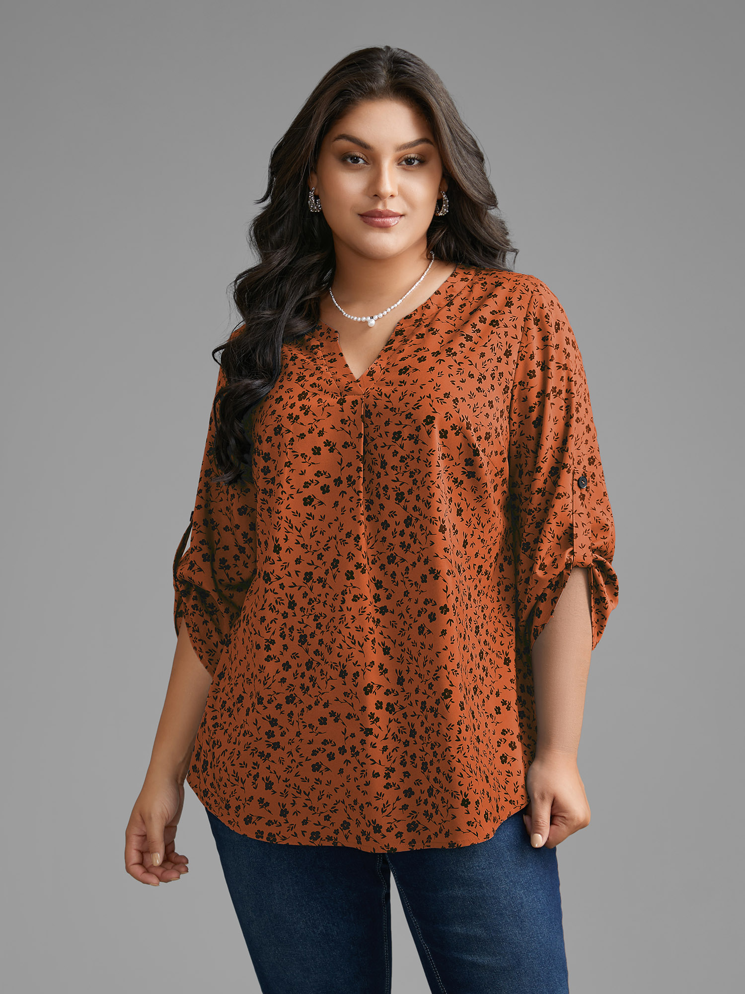 

Plus Size Browncoffeecolor Ditsy Floral Button Cuff Sleeve Pleated Blouse Women Elegant Long Sleeve Flat collar with V-notch Everyday Blouses BloomChic