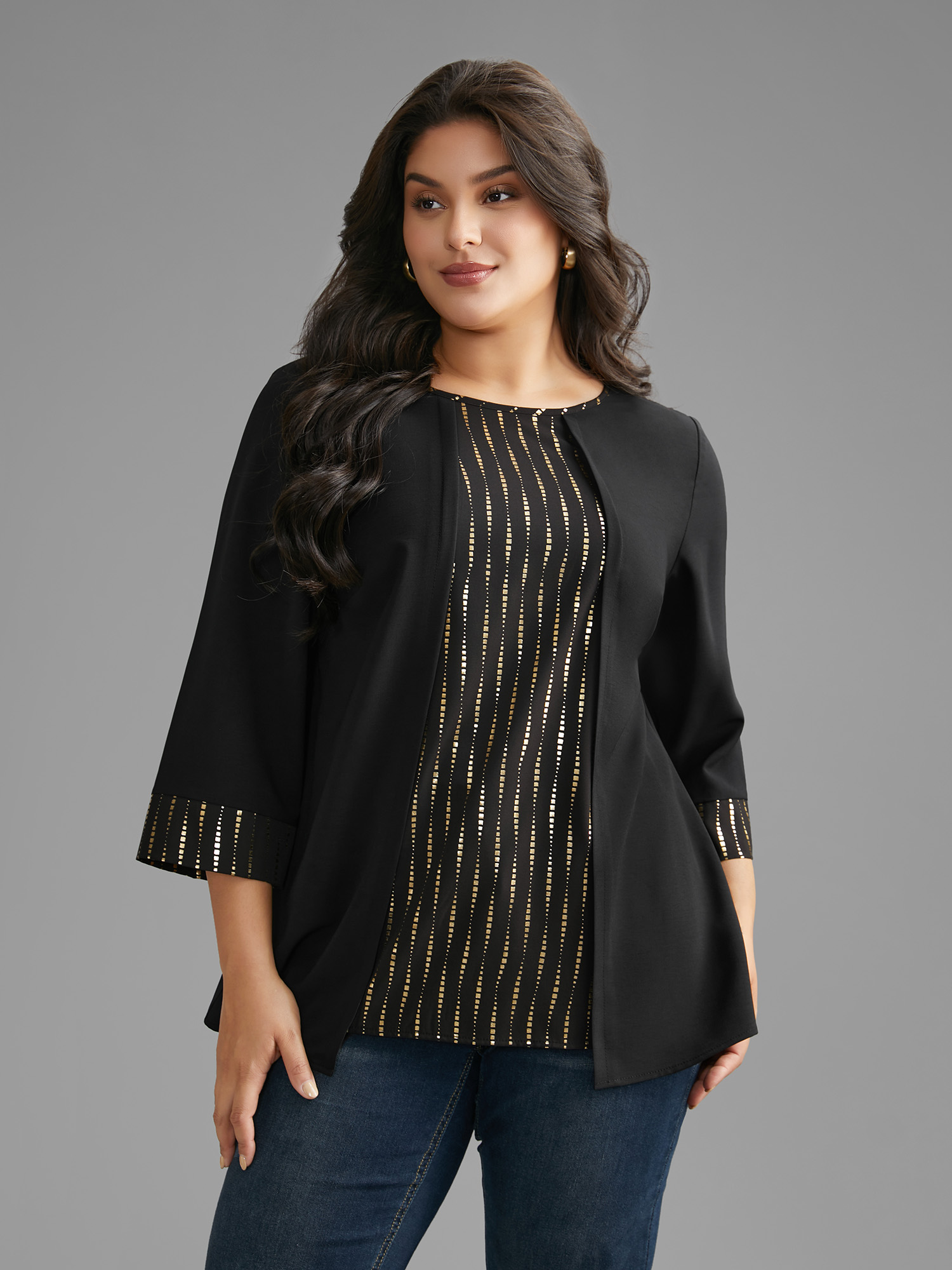 

Plus Size Black Crew Neck Glitter Patchwork Contrast Blouse Women Elegant Long Sleeve Round Neck Everyday Blouses BloomChic