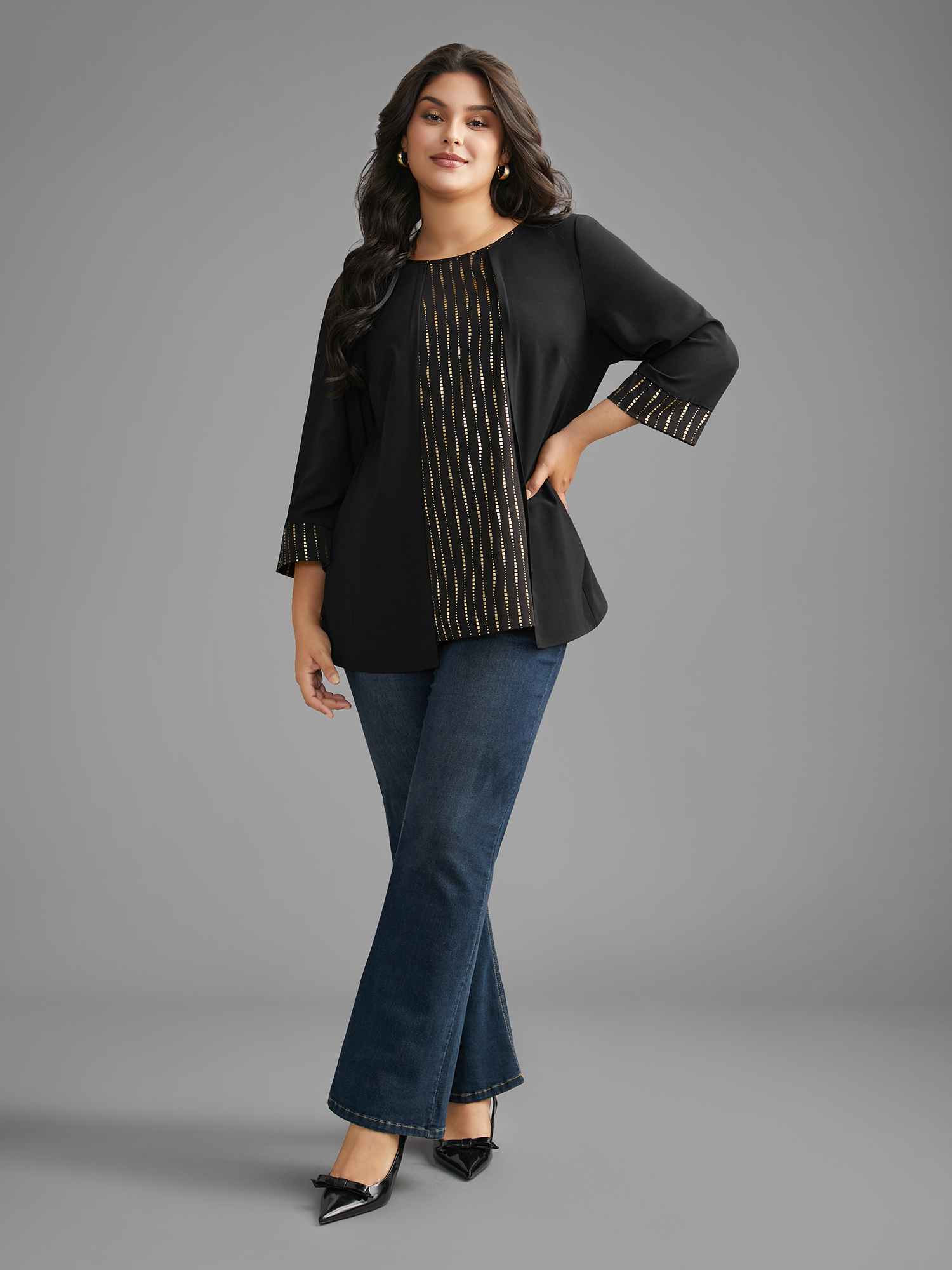 Plus Size Black Crew Neck Glitter Patchwork Contrast Blouse Women Elegant Long Sleeve Round Neck Everyday Blouses BloomChic 18-20/2X 