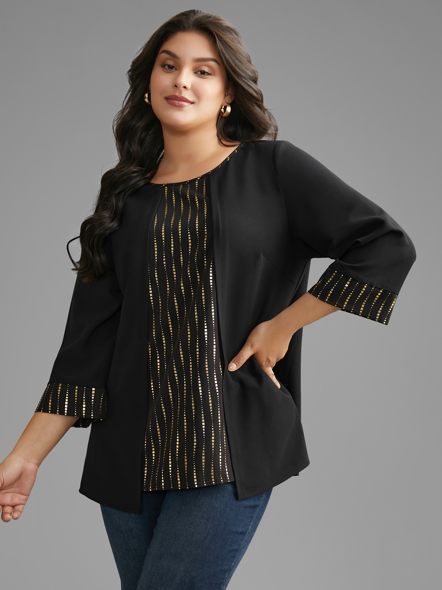 Plus Size Black Crew Neck Glitter Patchwork Contrast Blouse Women Elegant Long Sleeve Round Neck Everyday Blouses BloomChic 18-20/2X 