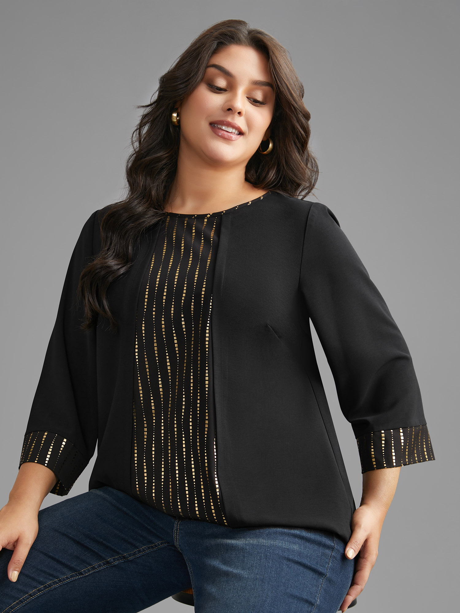 Plus Size Black Crew Neck Glitter Patchwork Contrast Blouse Women Elegant Long Sleeve Round Neck Everyday Blouses BloomChic 18-20/2X 