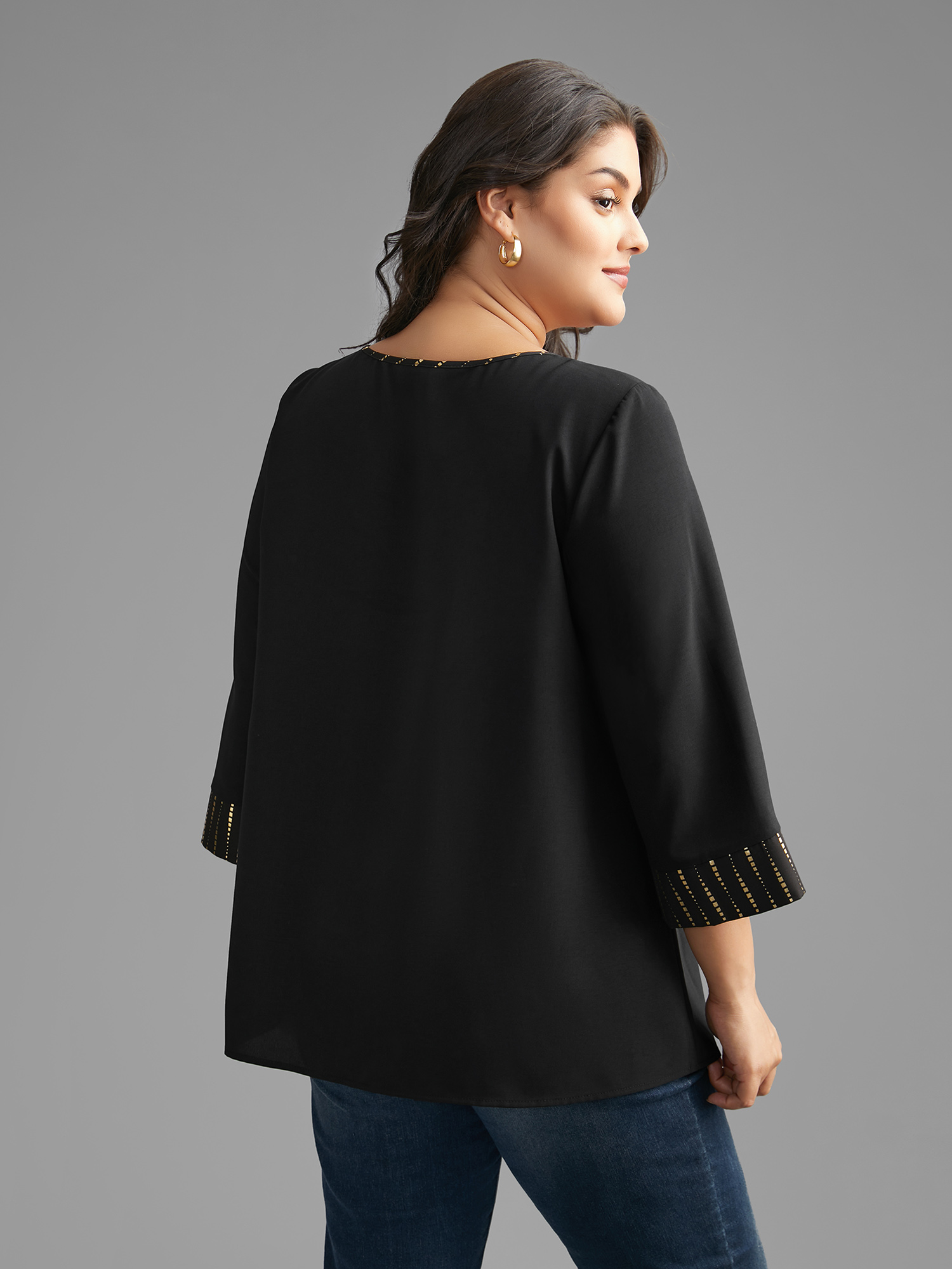 Plus Size Black Crew Neck Glitter Patchwork Contrast Blouse Women Elegant Long Sleeve Round Neck Everyday Blouses BloomChic 18-20/2X 