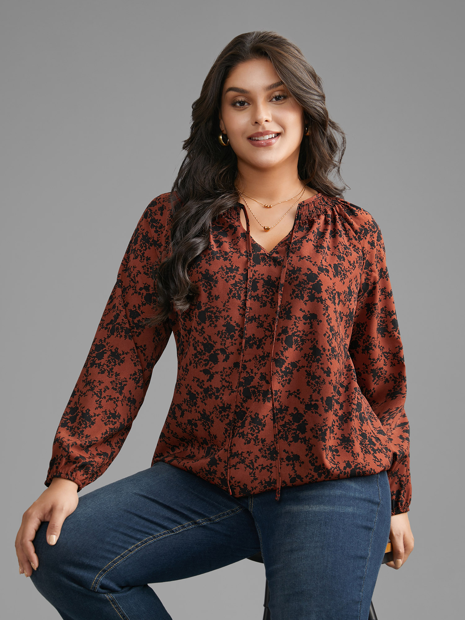 

Plus Size Russet Silhouette Floral Print Shirred Gathered Blouse Women Elegant Long Sleeve Wrap collar Everyday Blouses BloomChic