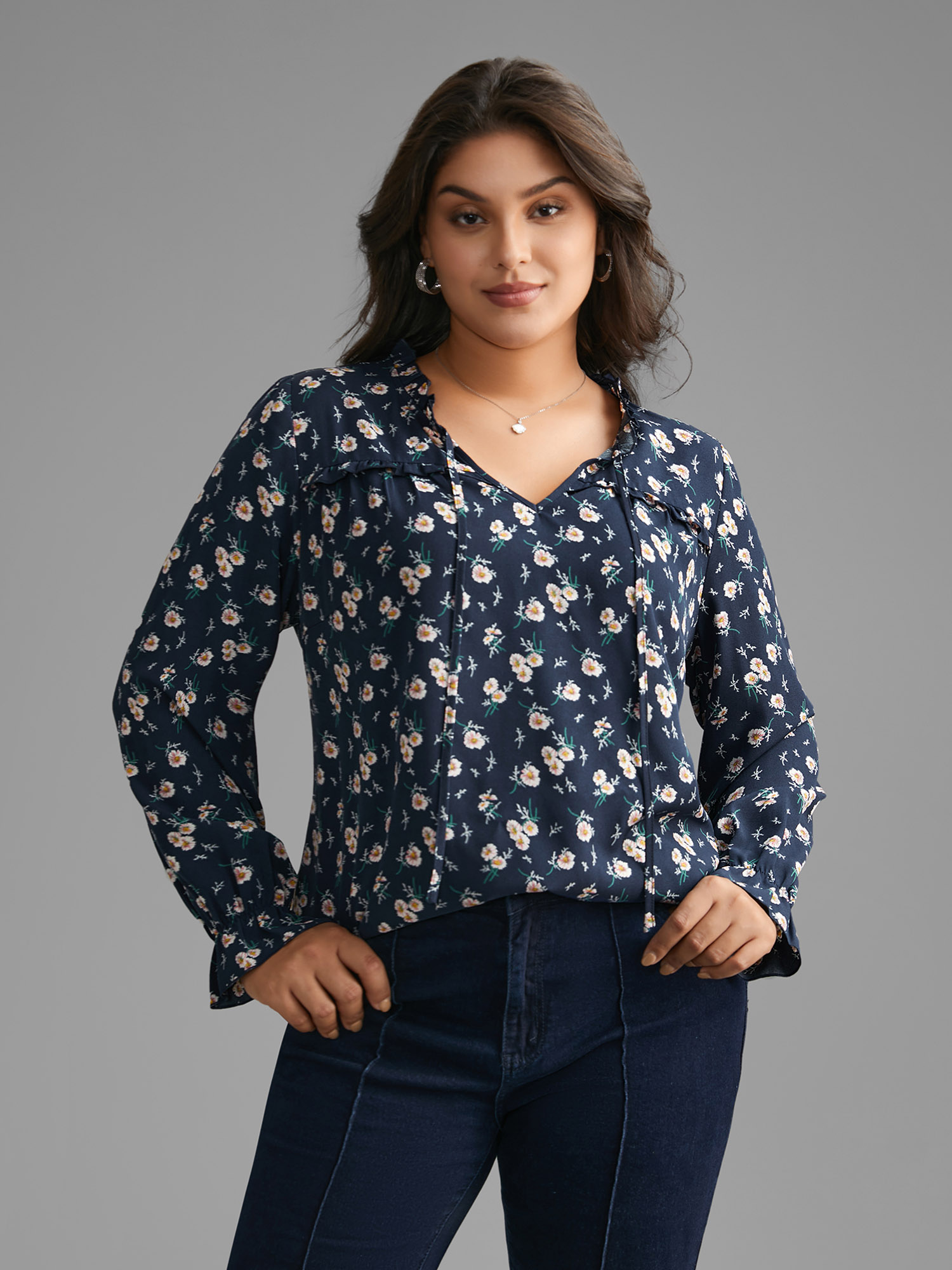 

Plus Size Navy Floral Frill Trim Tie Knot Lantern Sleeve Blouse Women Elegant Extra Long Sleeve Flat collar with V-notch Everyday Blouses BloomChic