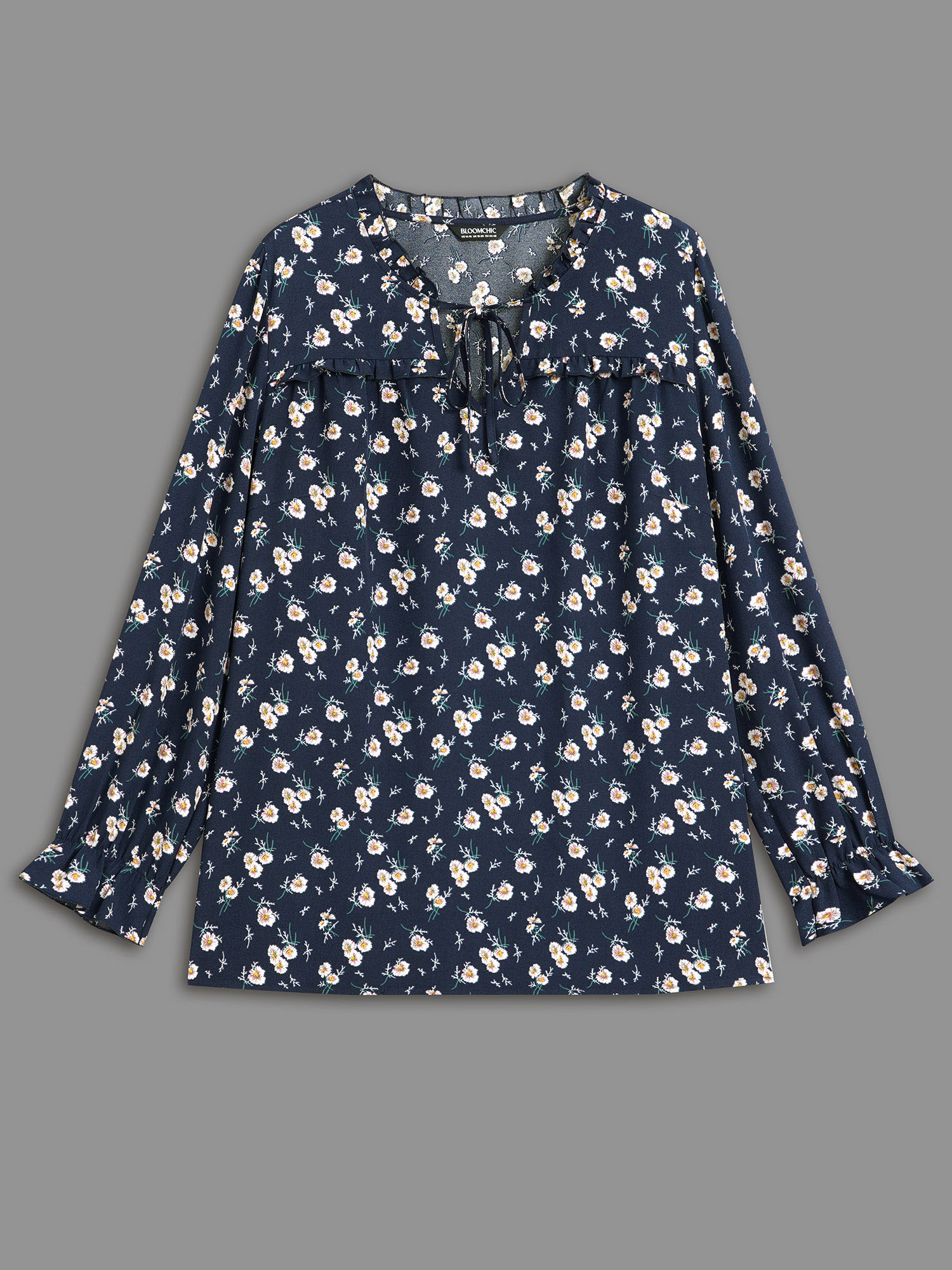 

Plus Size Navy Floral Frill Trim Tie Knot Lantern Sleeve Blouse Women Elegant Extra Long Sleeve Flat collar with V-notch Everyday Blouses BloomChic