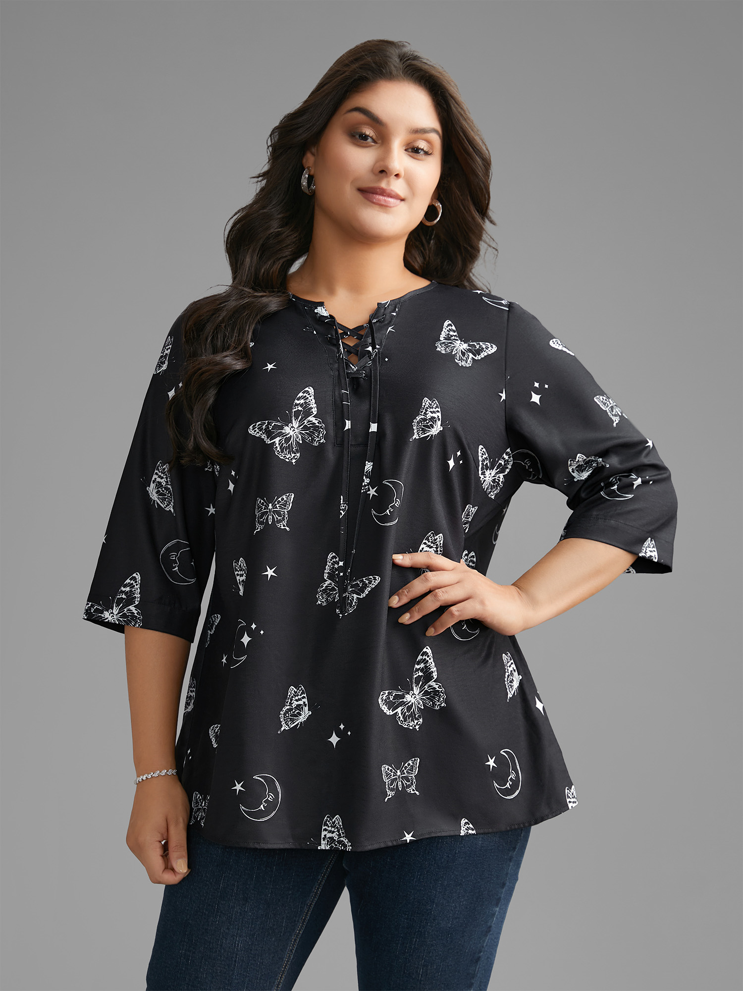 

Plus Size Black Butterfly & Moon Cross Straps Blouse Women Elegant Elbow-length sleeve Flat collar with V-notch Everyday Blouses BloomChic