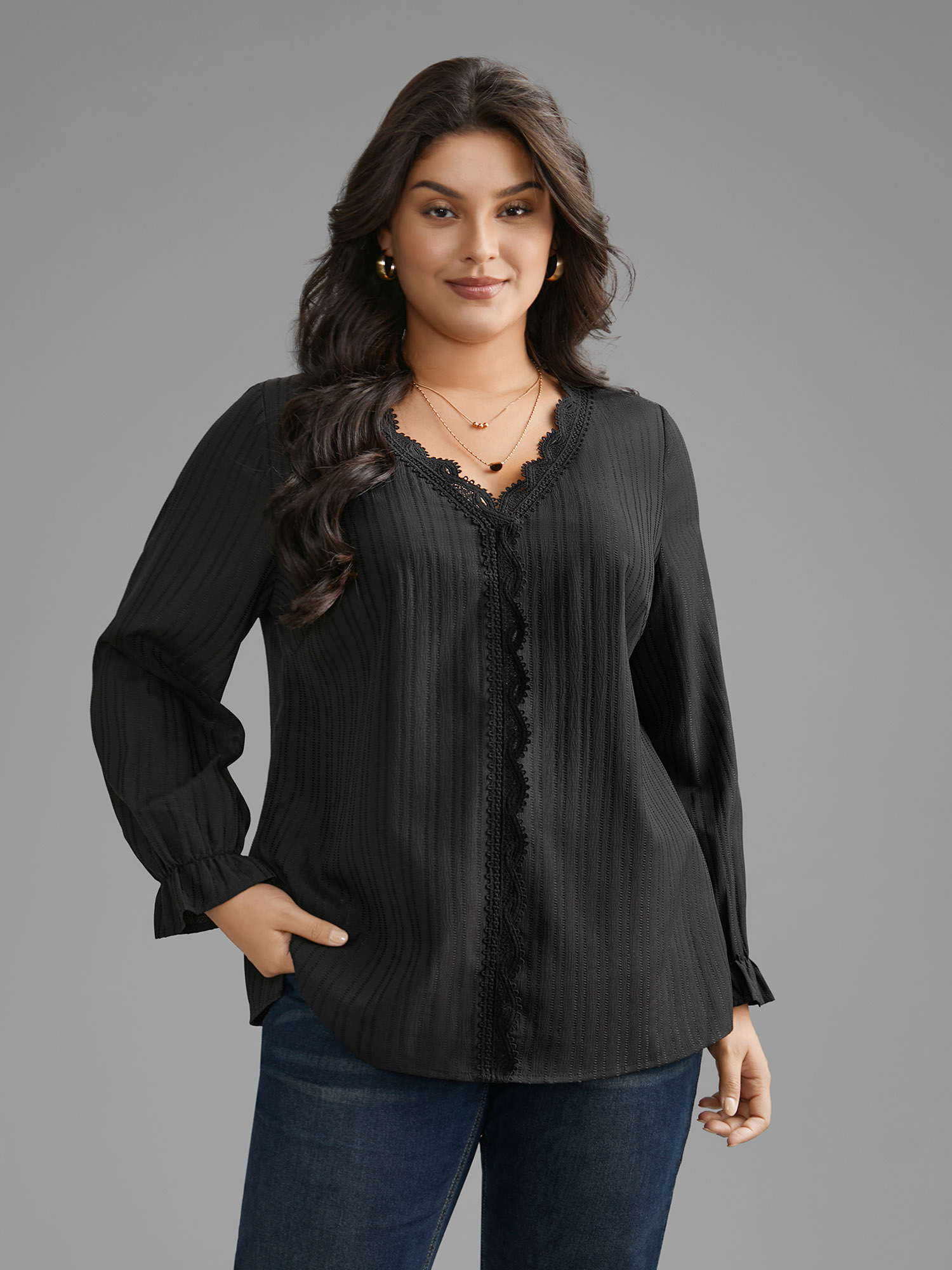 

Plus Size Black Textured Lace Patchwork Pleated Blouse Women Elegant Long Sleeve V-neck Everyday Blouses BloomChic