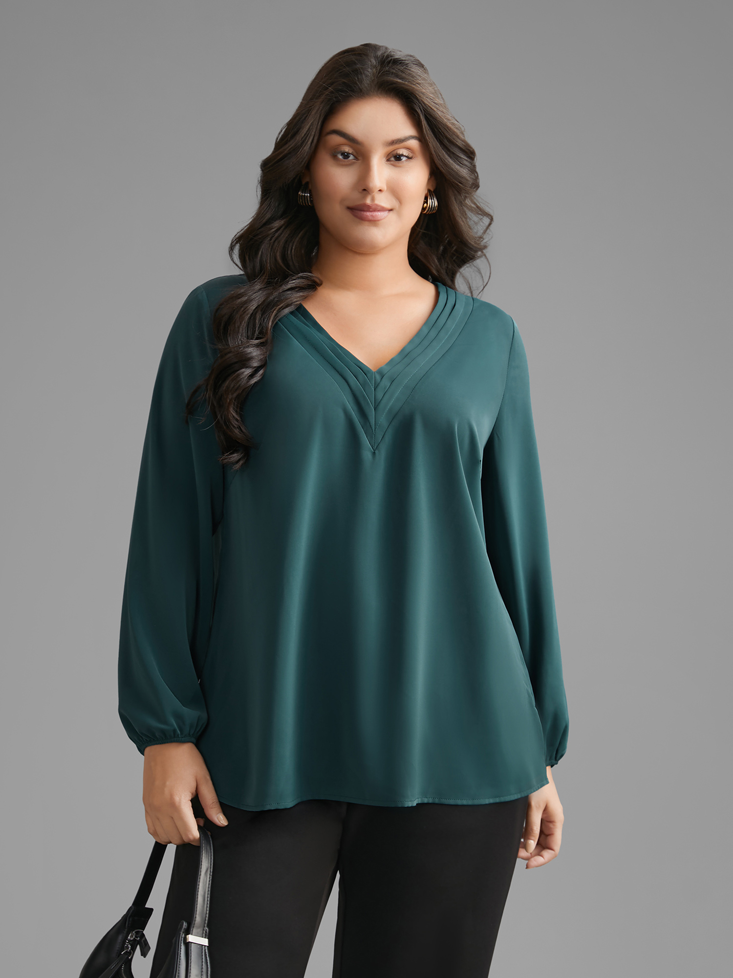 

Plus Size DarkSlateGray V Neck Pleated Lantern Sleeve Blouse Women At the Office Long Sleeve V-neck Work Blouses BloomChic