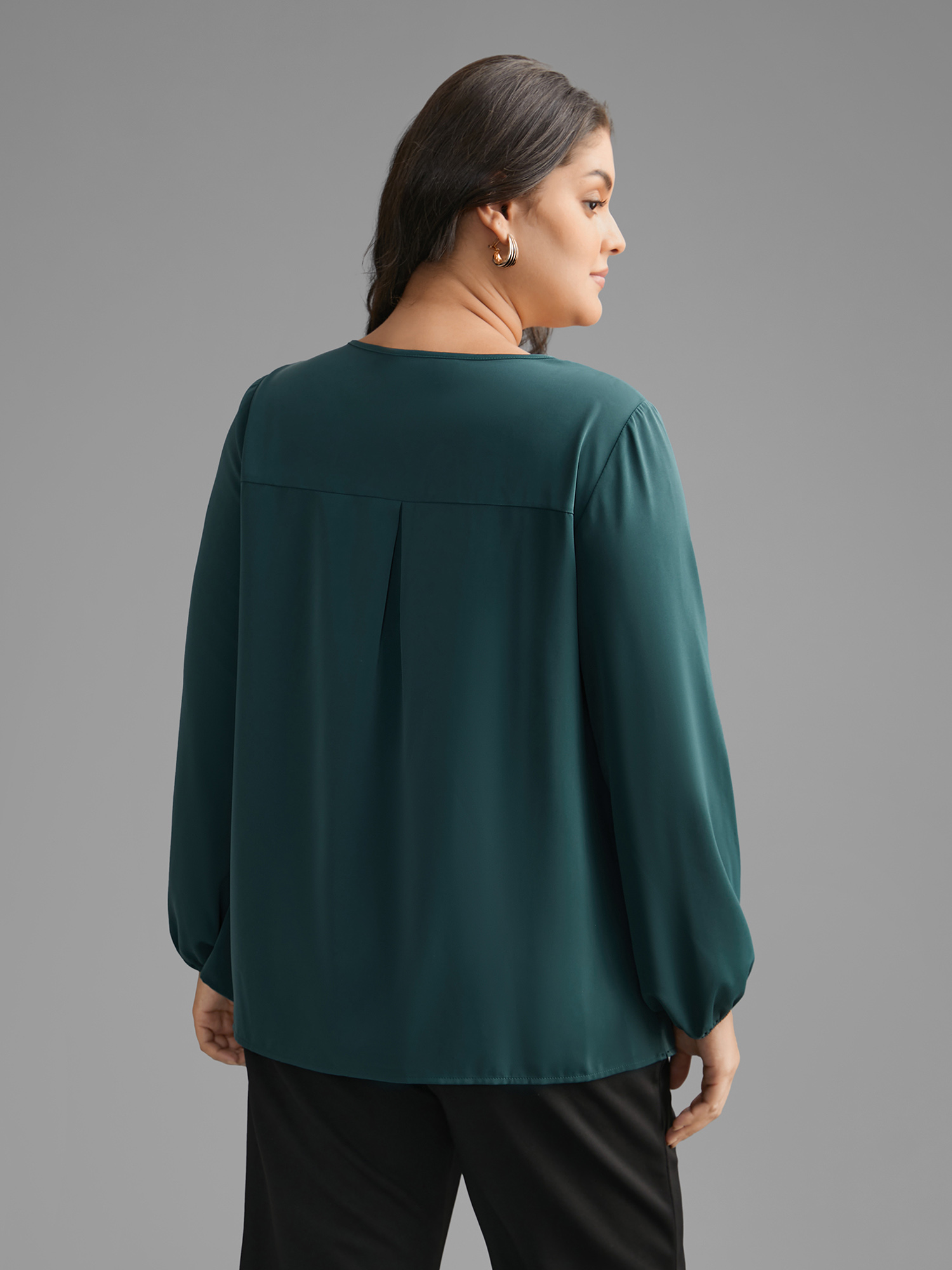 

Plus Size DarkSlateGray V Neck Pleated Lantern Sleeve Blouse Women At the Office Long Sleeve V-neck Work Blouses BloomChic