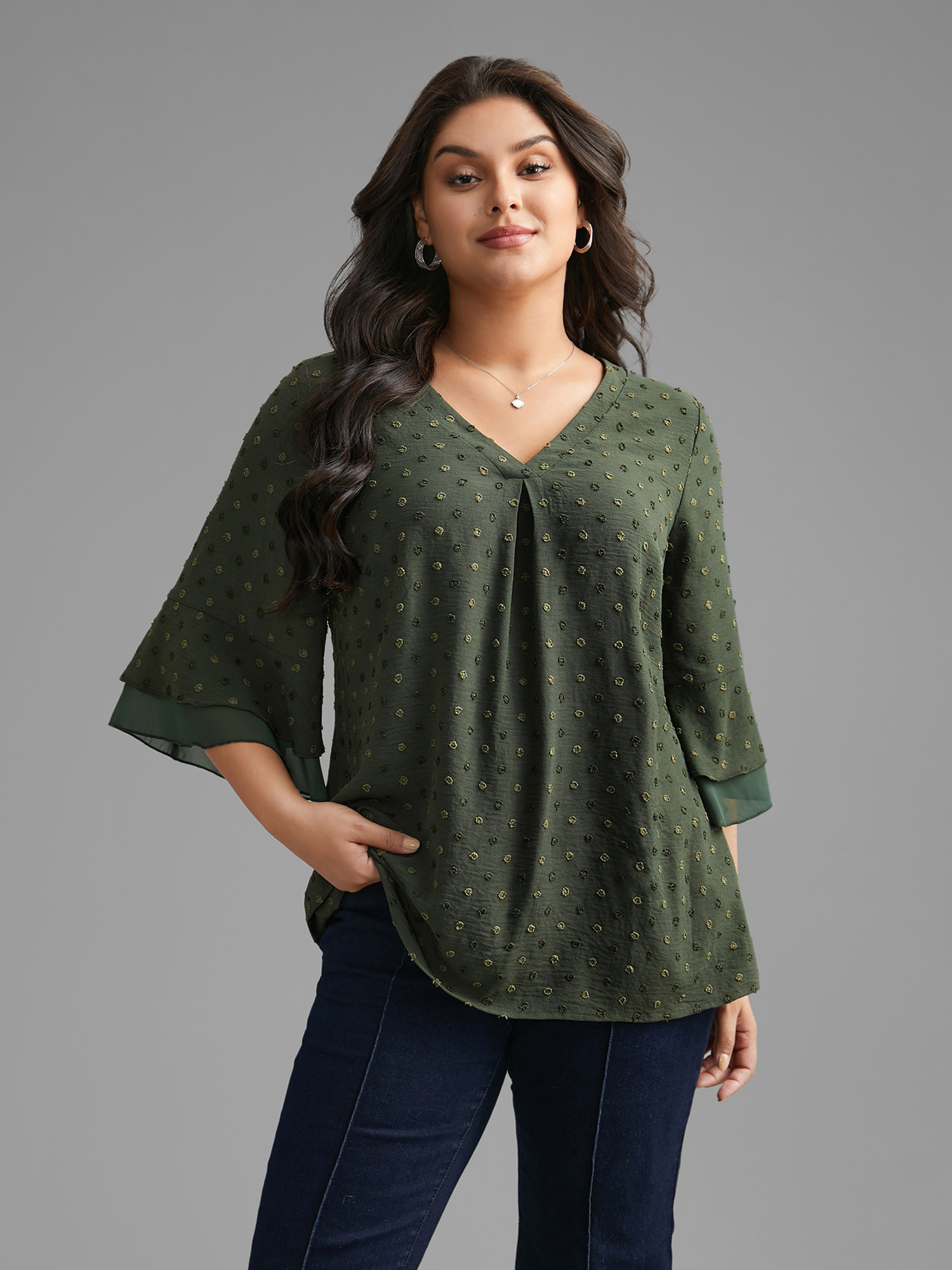 

Plus Size ArmyGreen Textured Pleated Tiered Ruffle Sleeve Blouse Women Elegant Elbow-length sleeve V-neck Everyday Blouses BloomChic