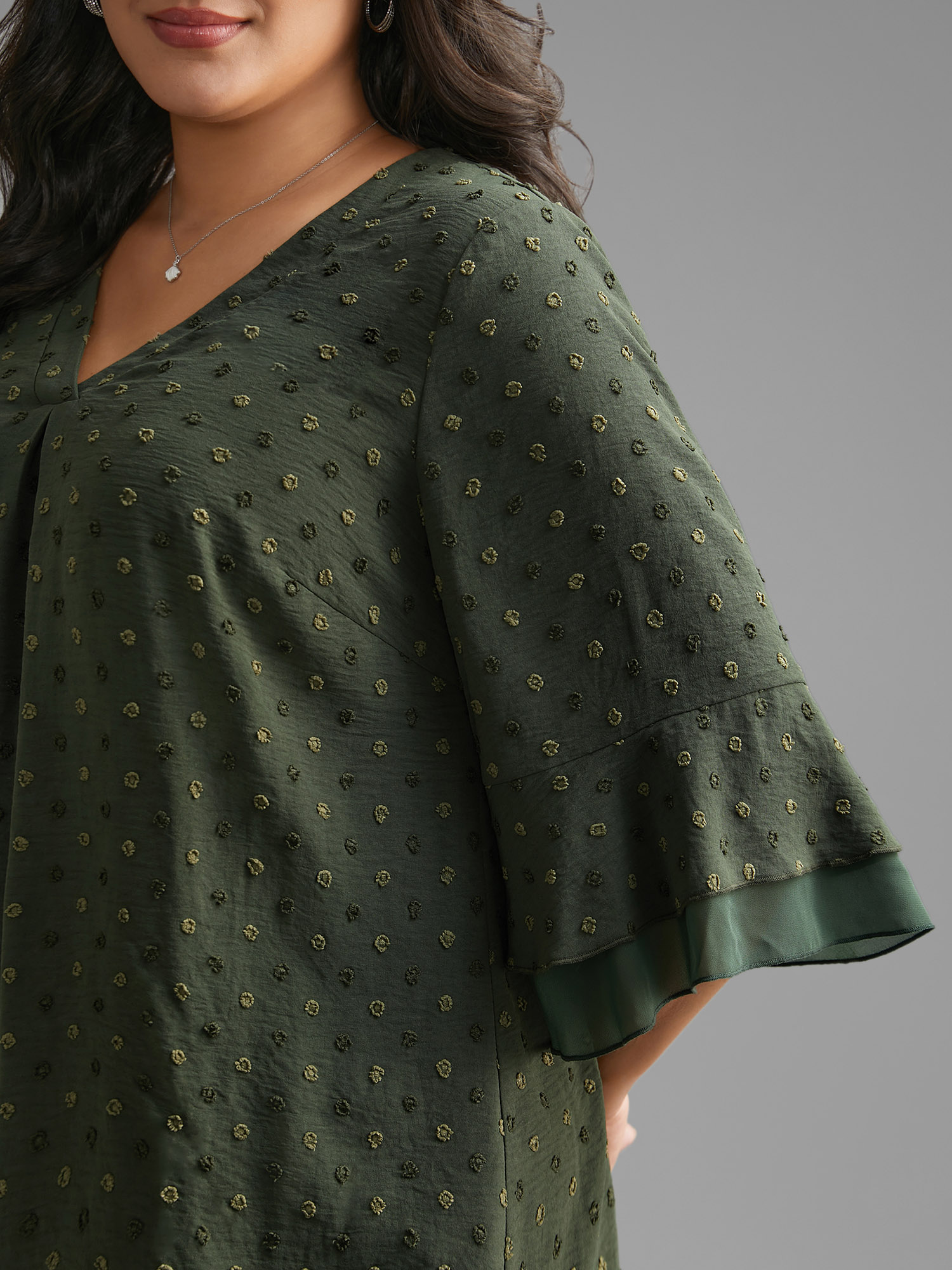 

Plus Size ArmyGreen Textured Pleated Tiered Ruffle Sleeve Blouse Women Elegant Elbow-length sleeve V-neck Everyday Blouses BloomChic