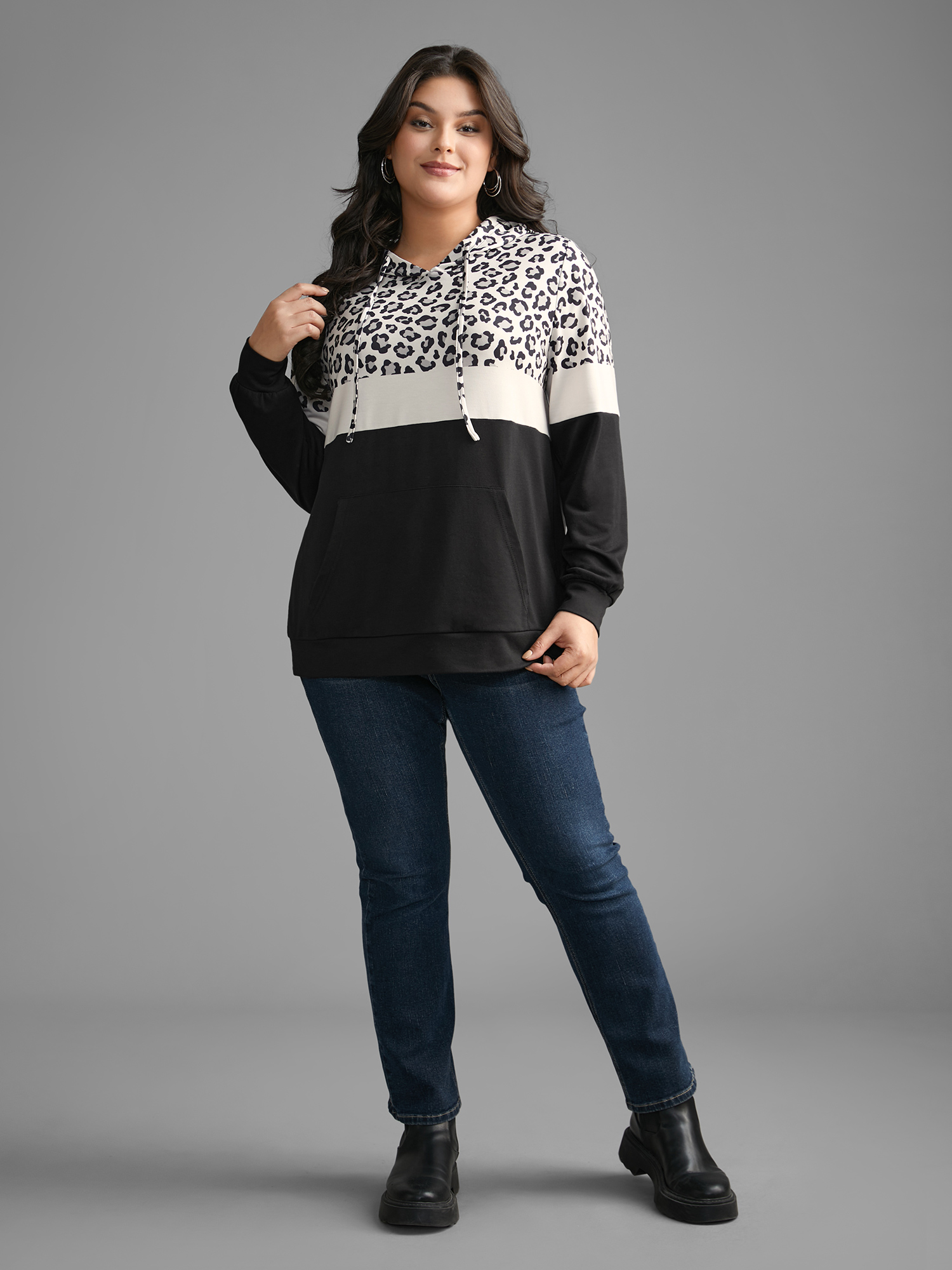 

Plus Size Leopard Print Patchwork Contrast Drawstring Sweatshirt Women Black Casual Contrast Hooded Everyday Sweatshirts BloomChic