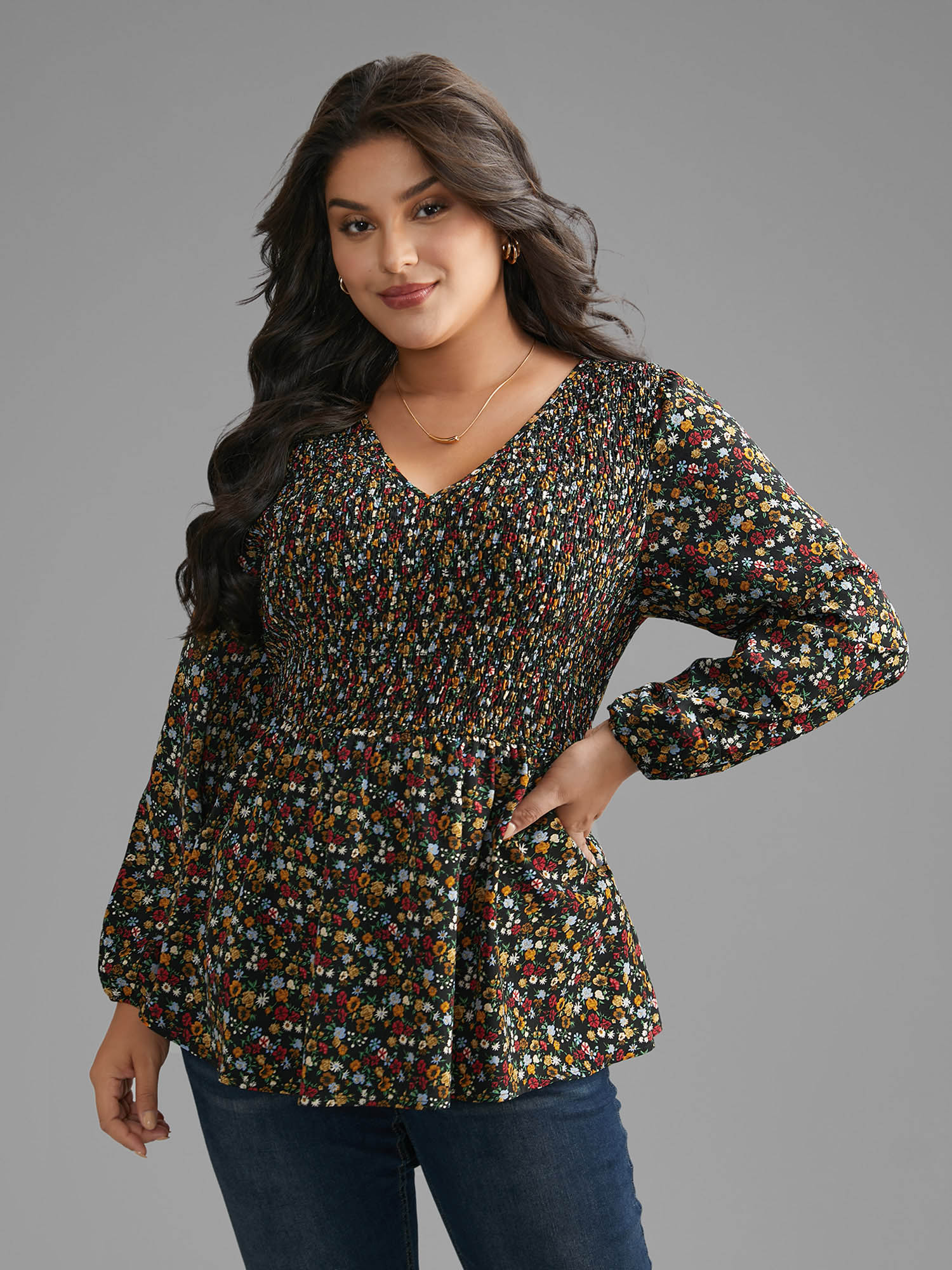 

Plus Size Black Ditsy Floral V Neck Shirred Blouse Women Elegant Extra Long Sleeve V-neck Everyday Blouses BloomChic