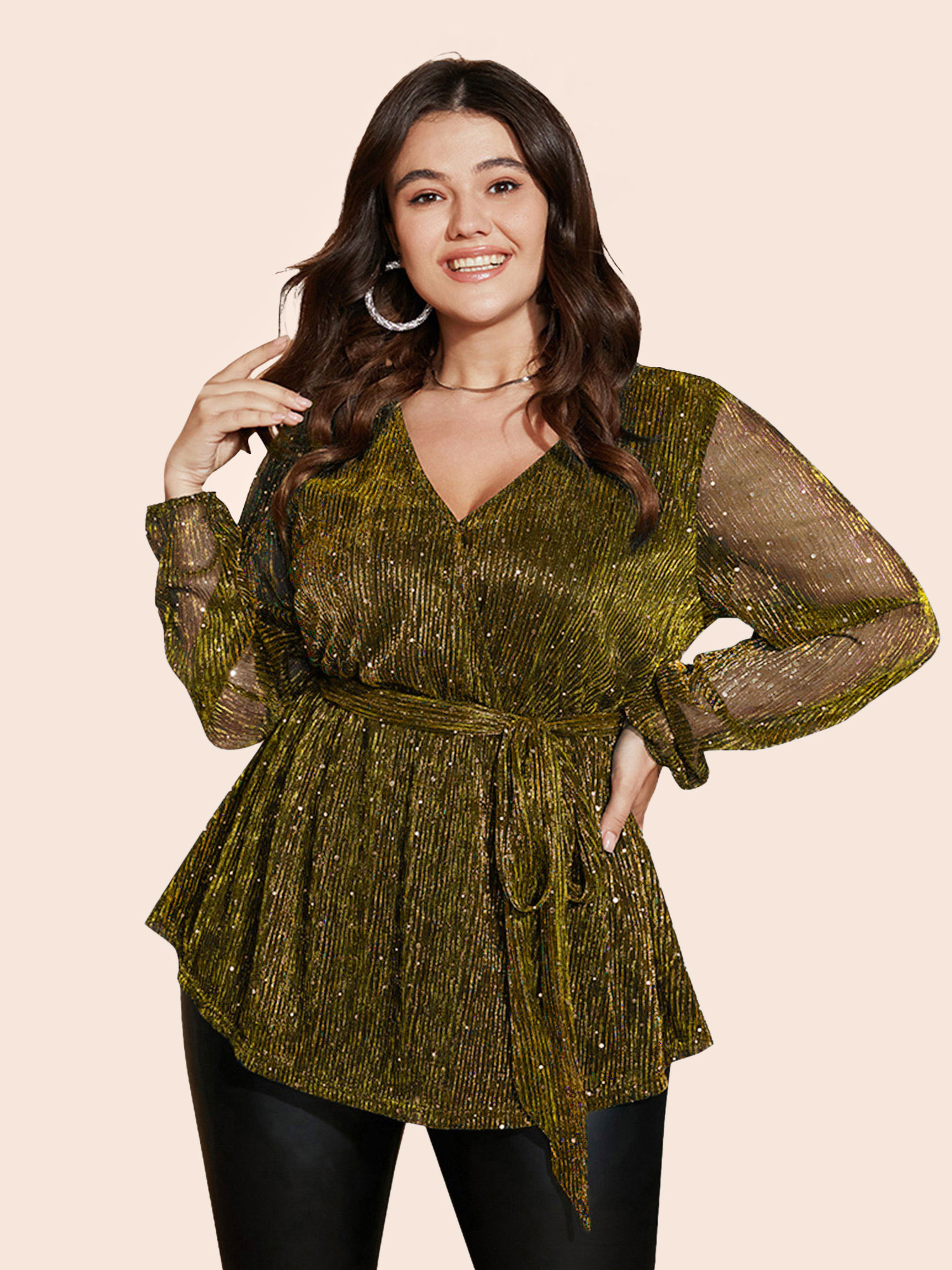 

Plus Size Gold Sequin Mesh Lantern Sleeve Wrap Belted Striped Blouse Women Cocktail Long Sleeve Overlap Collar Party Blouses BloomChic